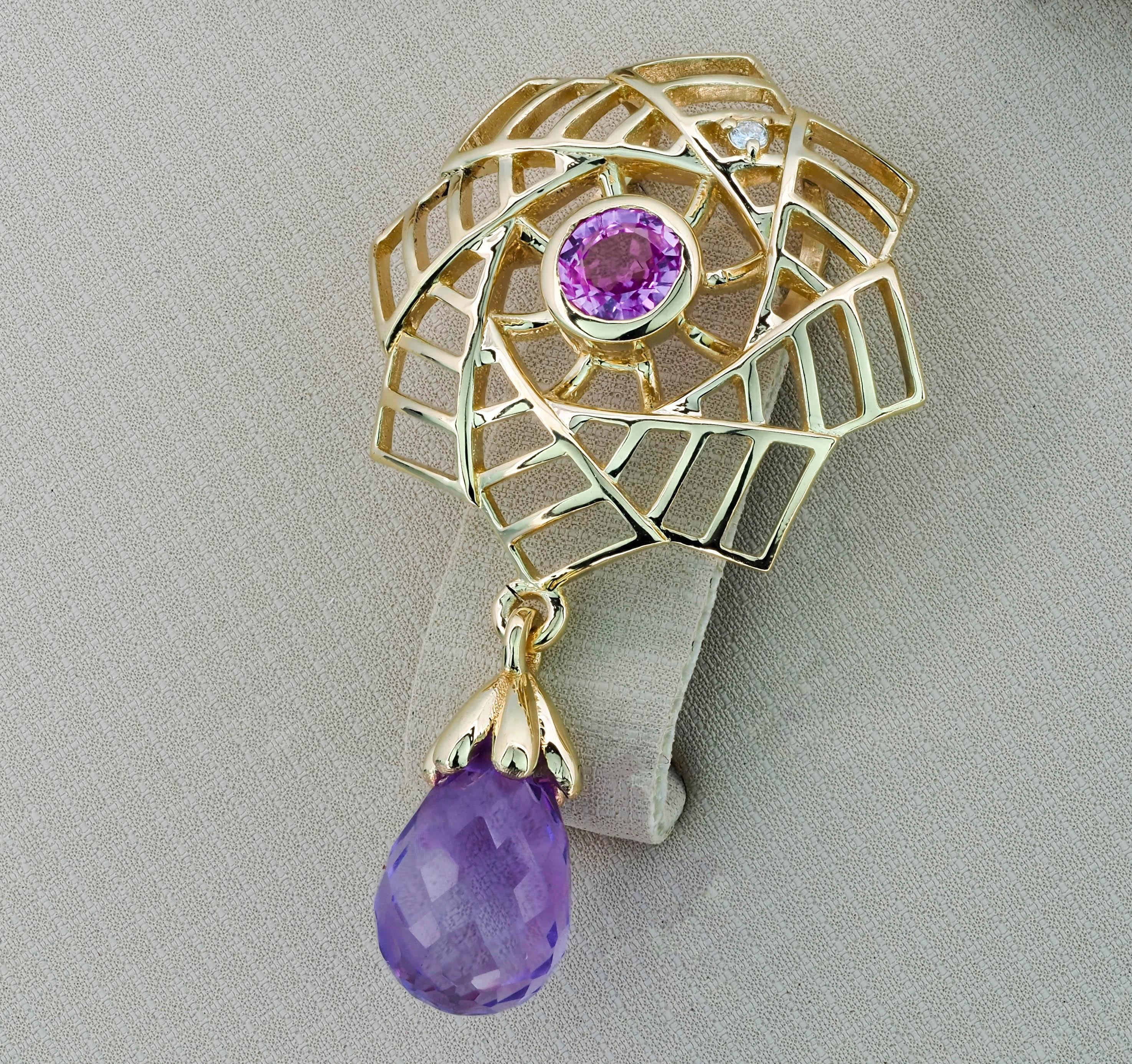 Women's or Men's Amethyst Pendant in 14k Gold, Pink Sapphire Pendant in 14k Gold For Sale