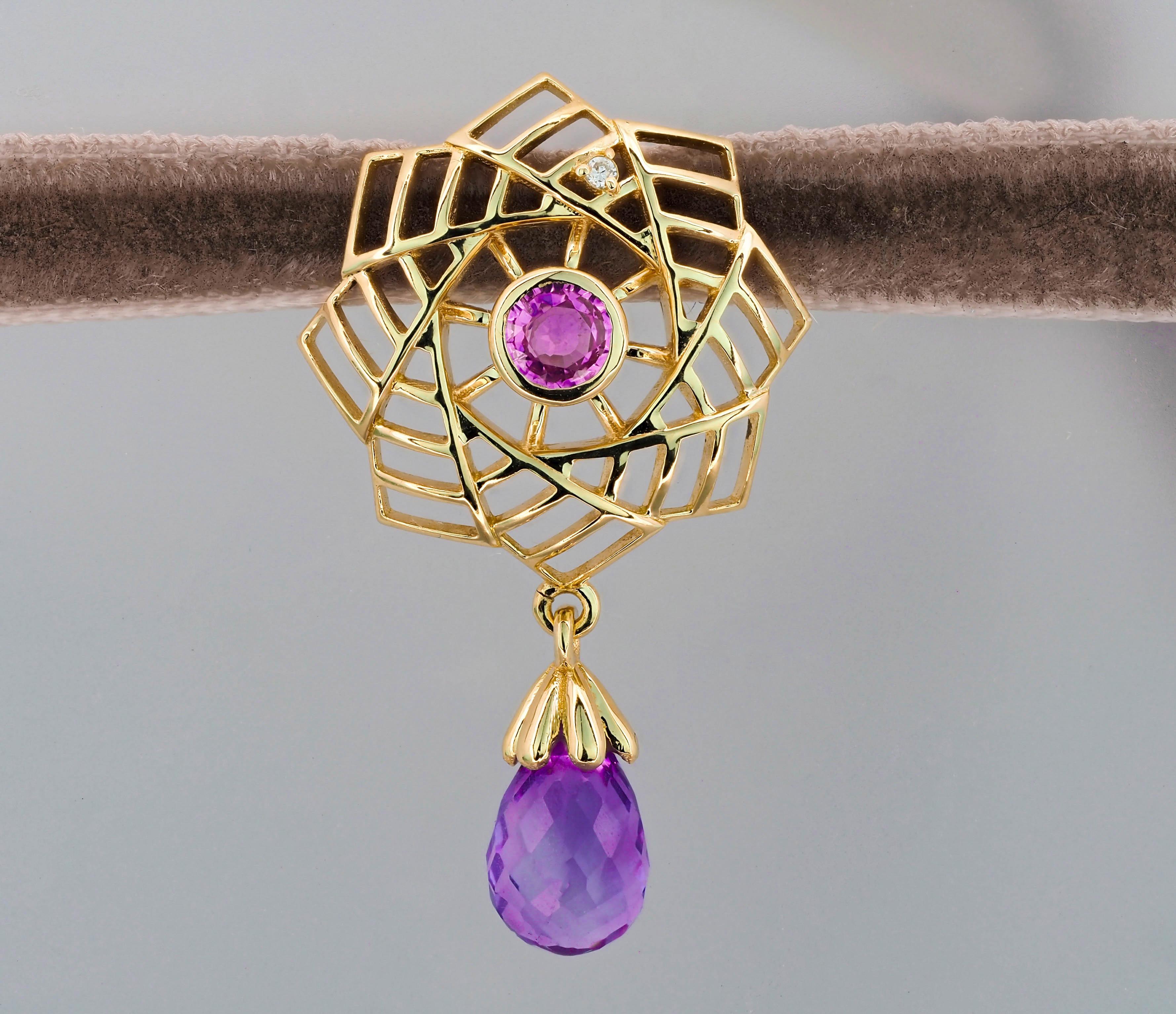 Amethyst Pendant in 14k Gold, Pink Sapphire Pendant in 14k Gold For Sale 1