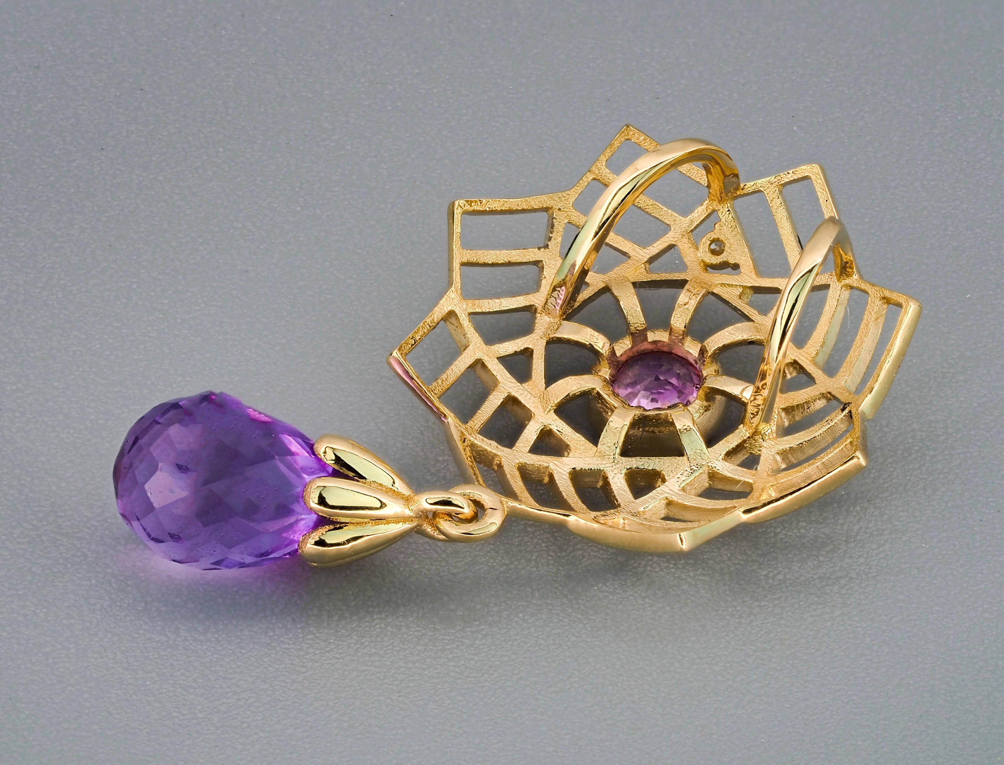 Amethyst Pendant in 14k Gold, Pink Sapphire Pendant in 14k Gold For Sale 2