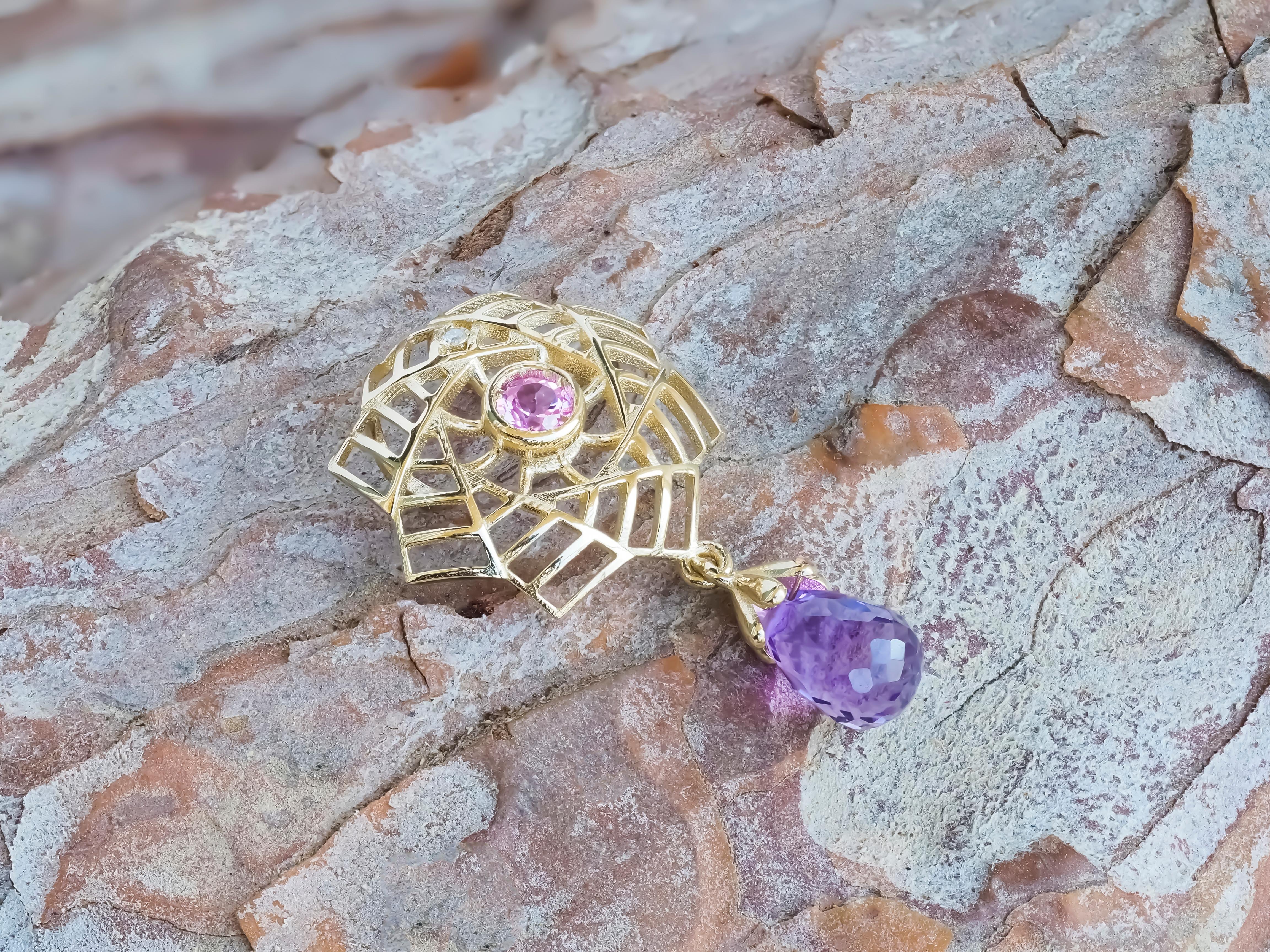 Amethyst Pendant in 14k Gold, Pink Sapphire Pendant in 14k Gold For Sale 3