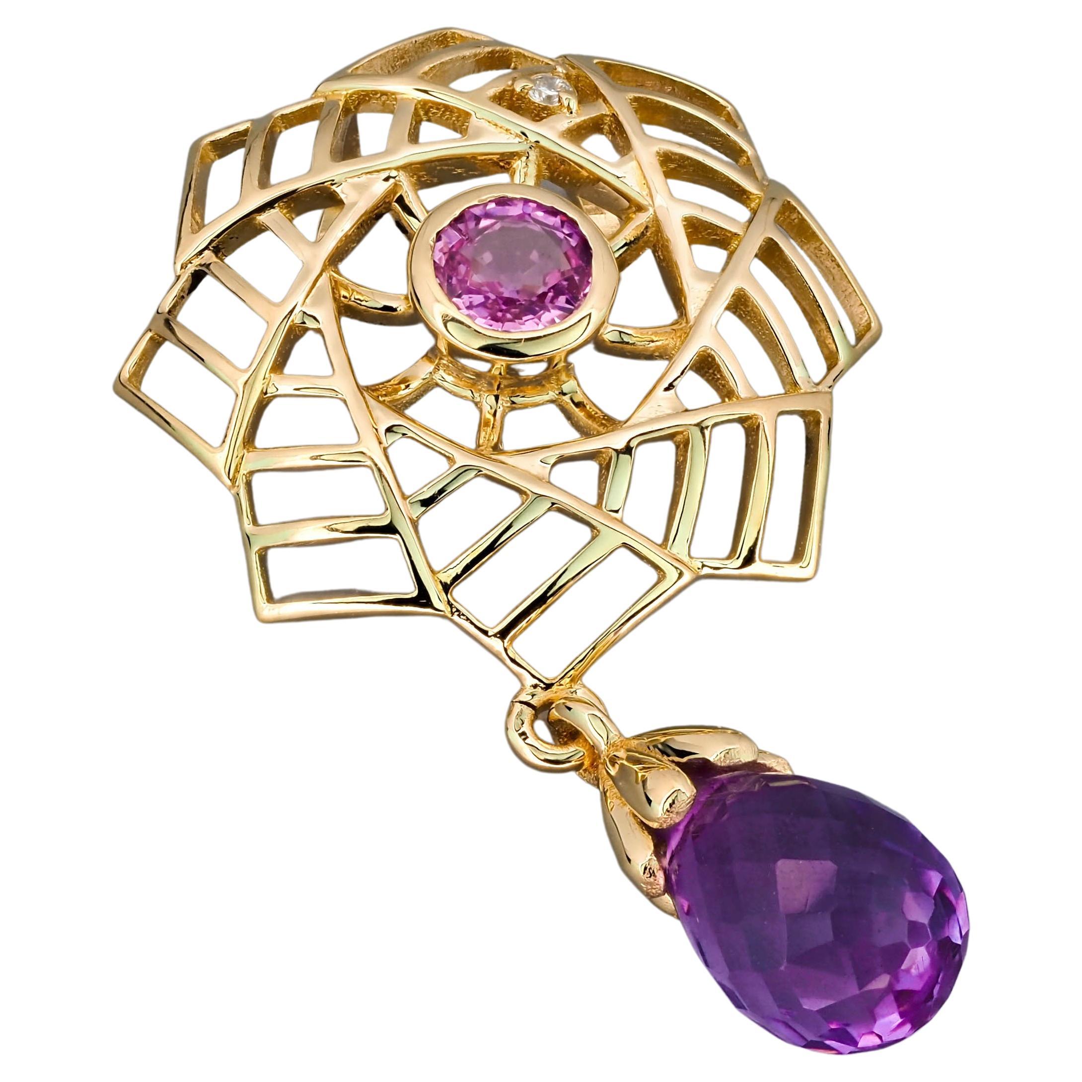 Pendentif en améthyste en or 14 carats, saphir rose en or 14 carats en vente