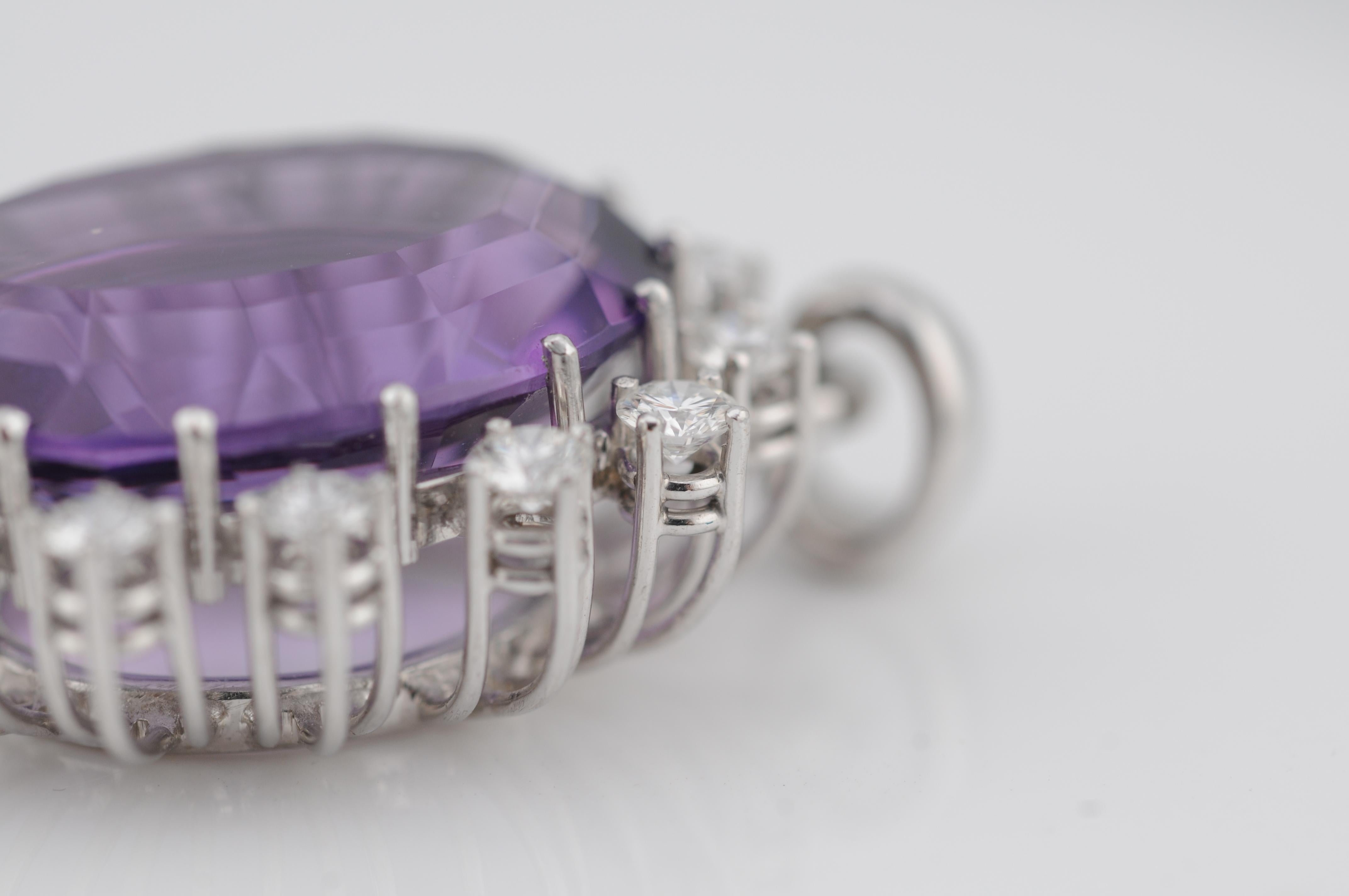 da uomo o donna Ciondolo con ametista in oro bianco 18 carati e circa 1,4 carati di diamanti in vendita