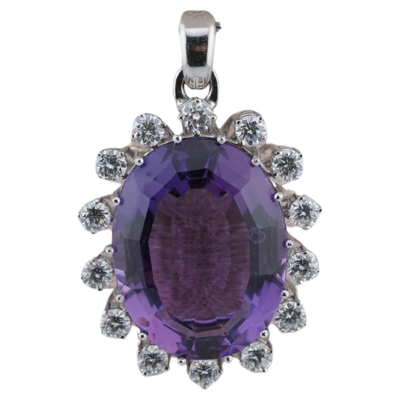 Pendentif améthyste en or blanc 18 carats avec environ 1,4 ct de diamants