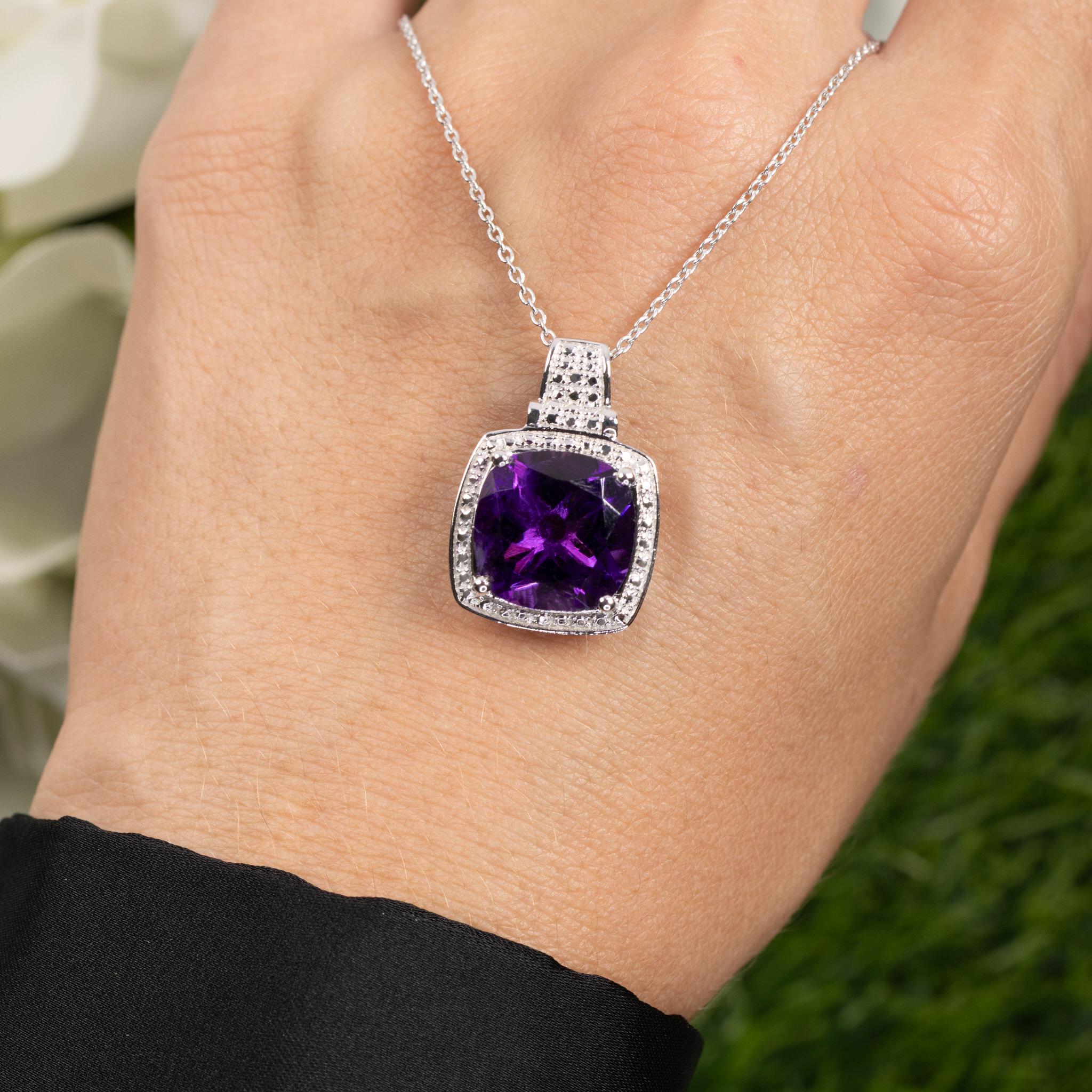 Amethyst-Anhänger-Halskette mit Anhänger 5.8 Karat Sterlingsilber (Kissenschliff) im Angebot