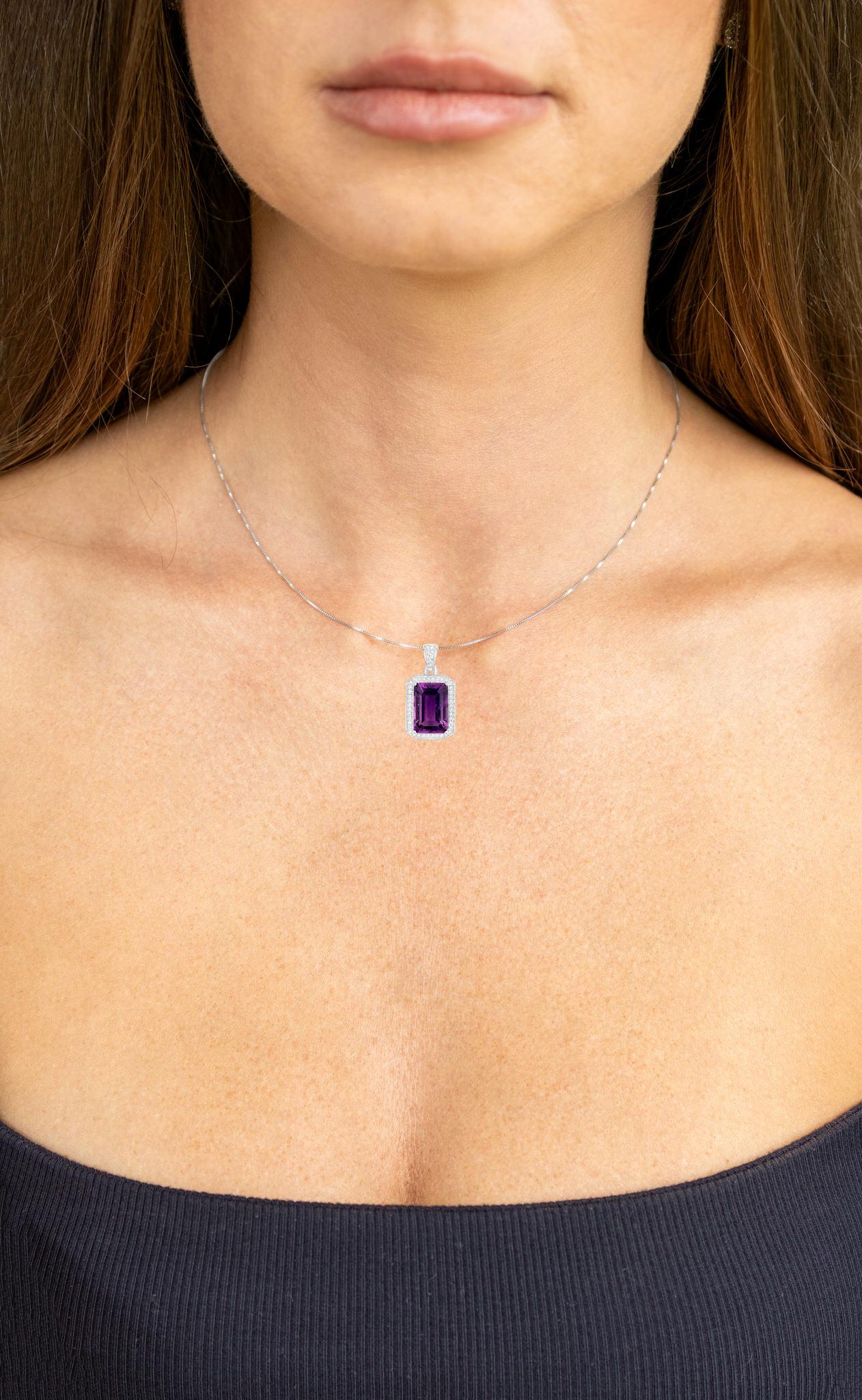 Contemporary Amethyst Pendant Necklace Diamond Halo 5.34 Carats Sterling Silver For Sale