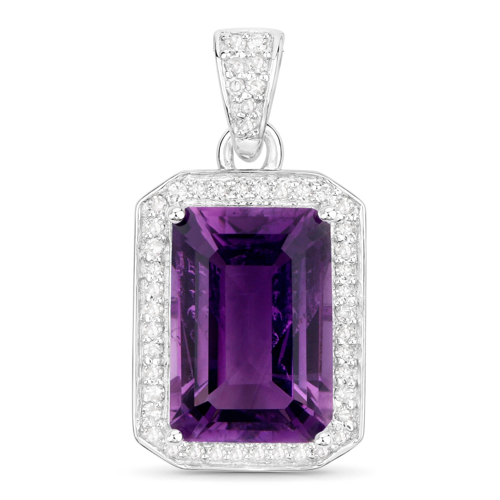 Emerald Cut Amethyst Pendant Necklace Diamond Halo 5.34 Carats Sterling Silver For Sale