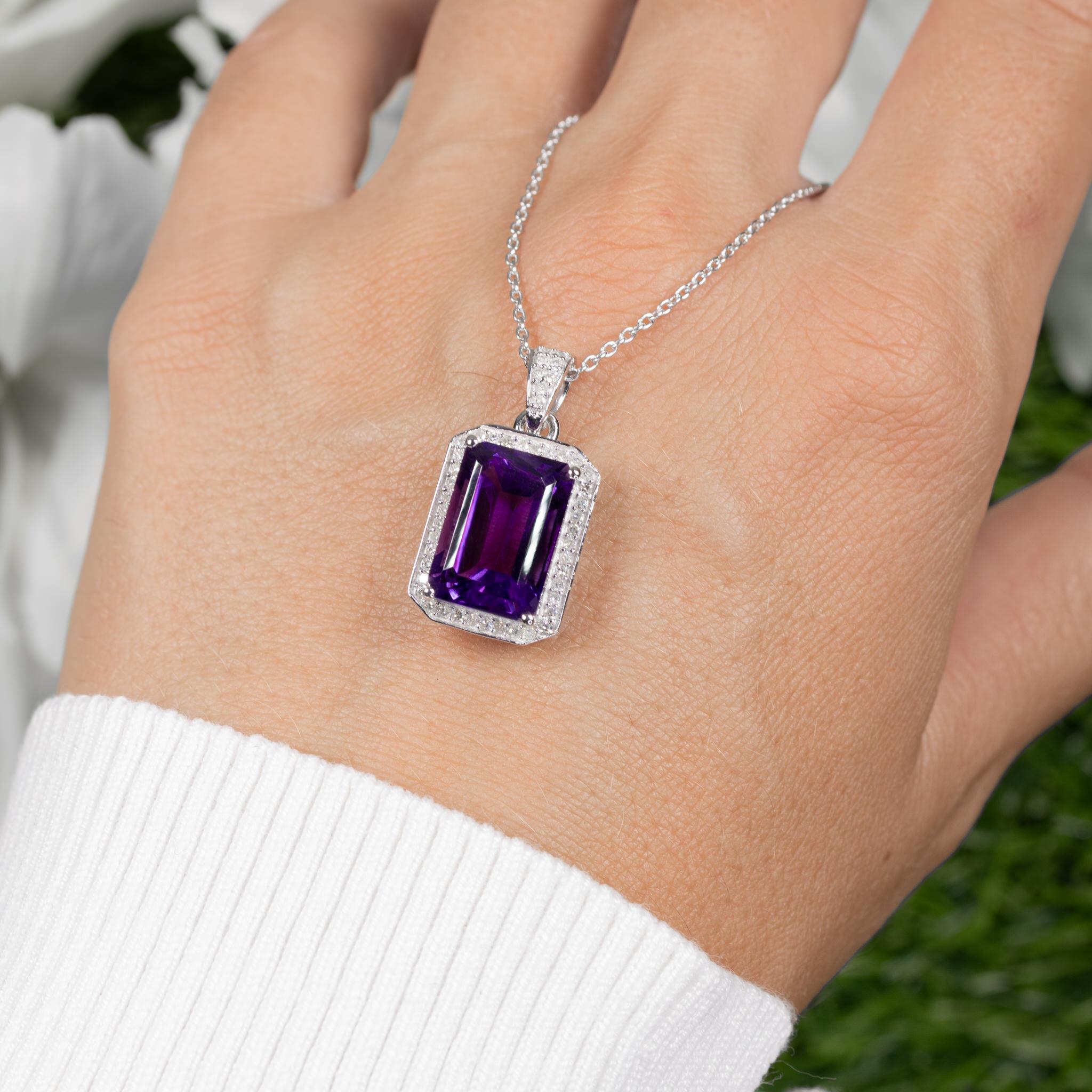 da uomo o donna Collana con ciondolo di ametista Diamante aureolato 5,34 carati A. Silver in vendita