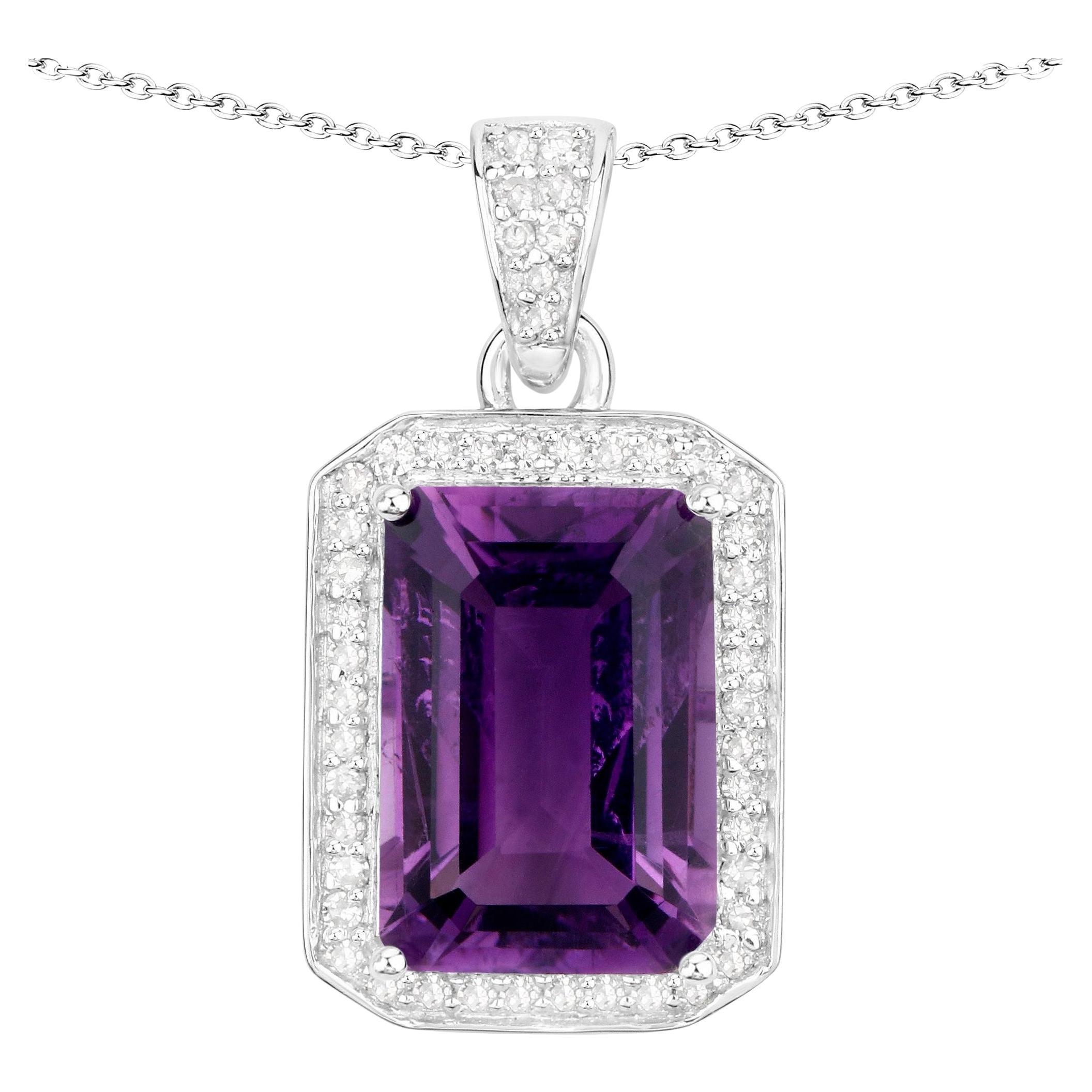 Amethyst Pendant Necklace Diamond Halo 5.34 Carats Sterling Silver For Sale
