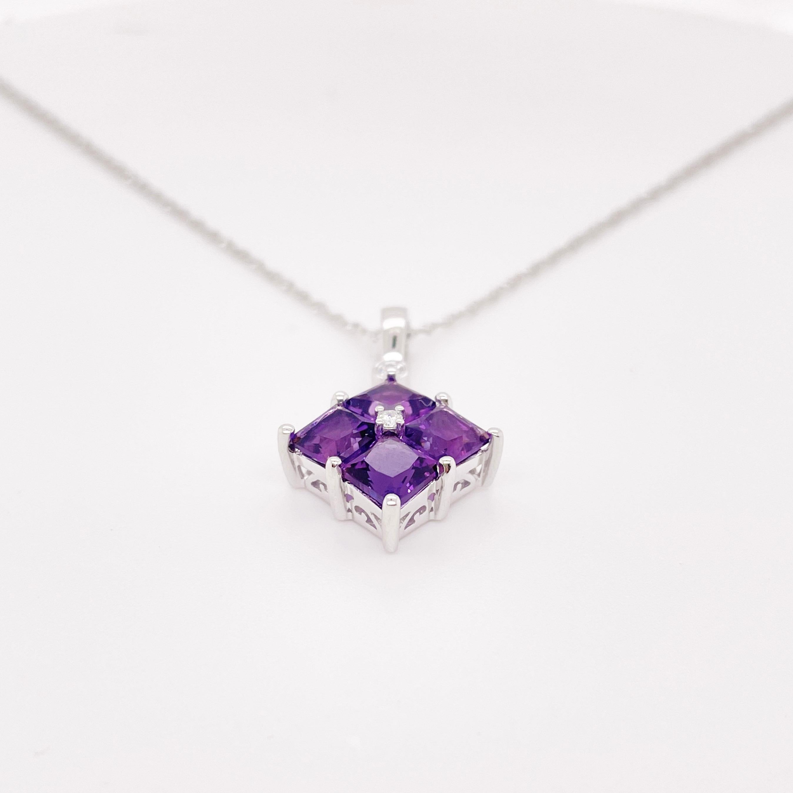 This stunningly unique necklace has four princess cut amethysts and two round diamonds. Amethysts are know to relieve stress and anxiety in your life by providing peace and stability. This necklace with these beautiful, deep purple stones is perfect