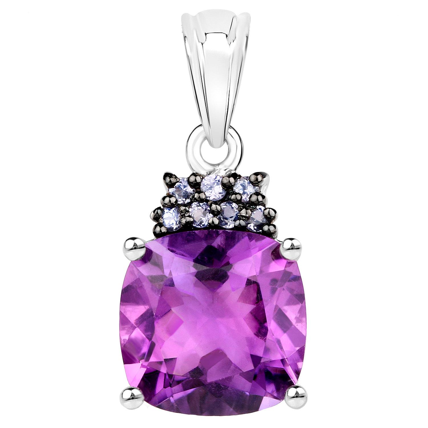Cushion Cut Amethyst Pendant Necklace With Tanzanites  6.1 Carats For Sale
