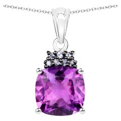 Amethyst Pendant Necklace With Tanzanites  6.1 Carats