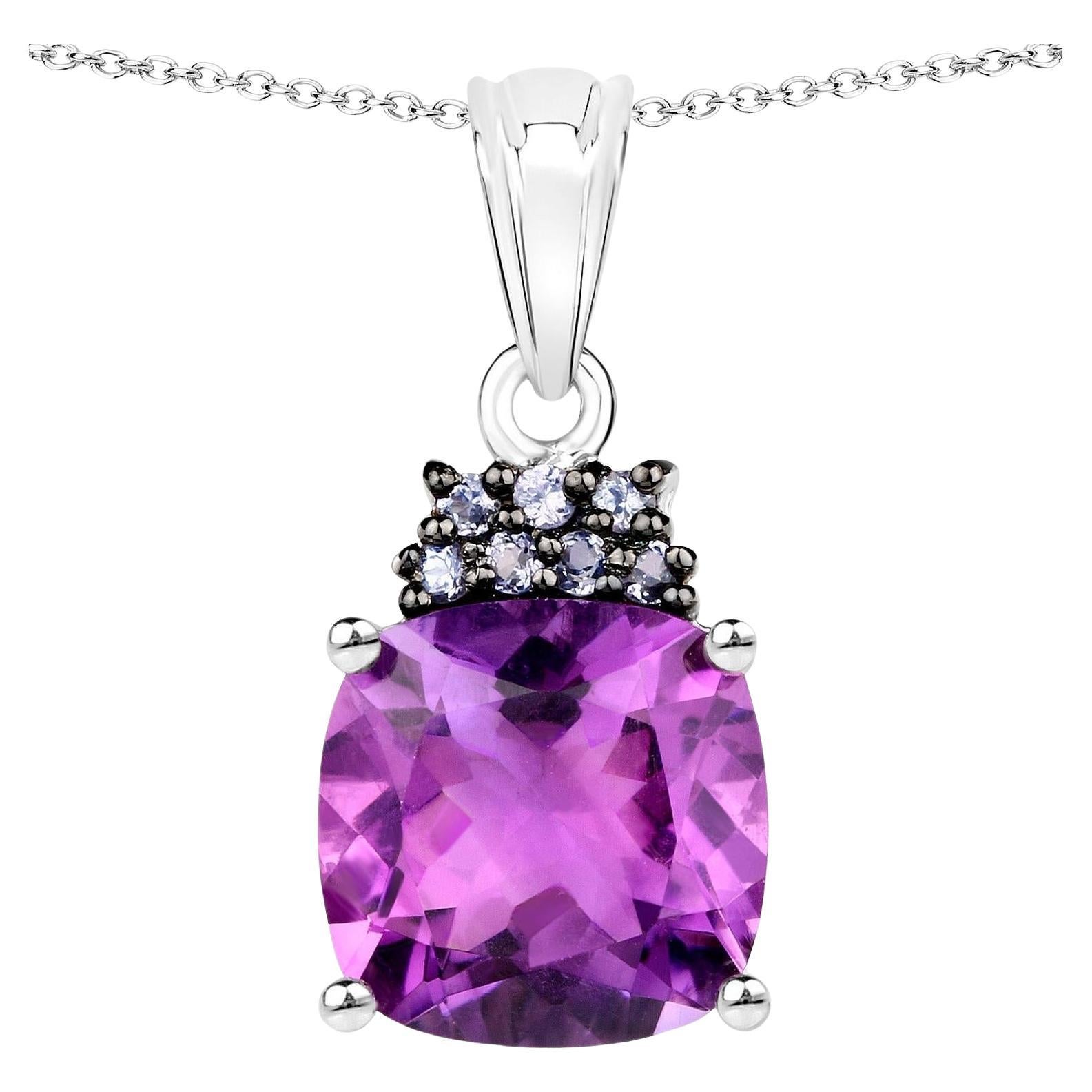 Amethyst Pendant Necklace With Tanzanites  6.1 Carats For Sale