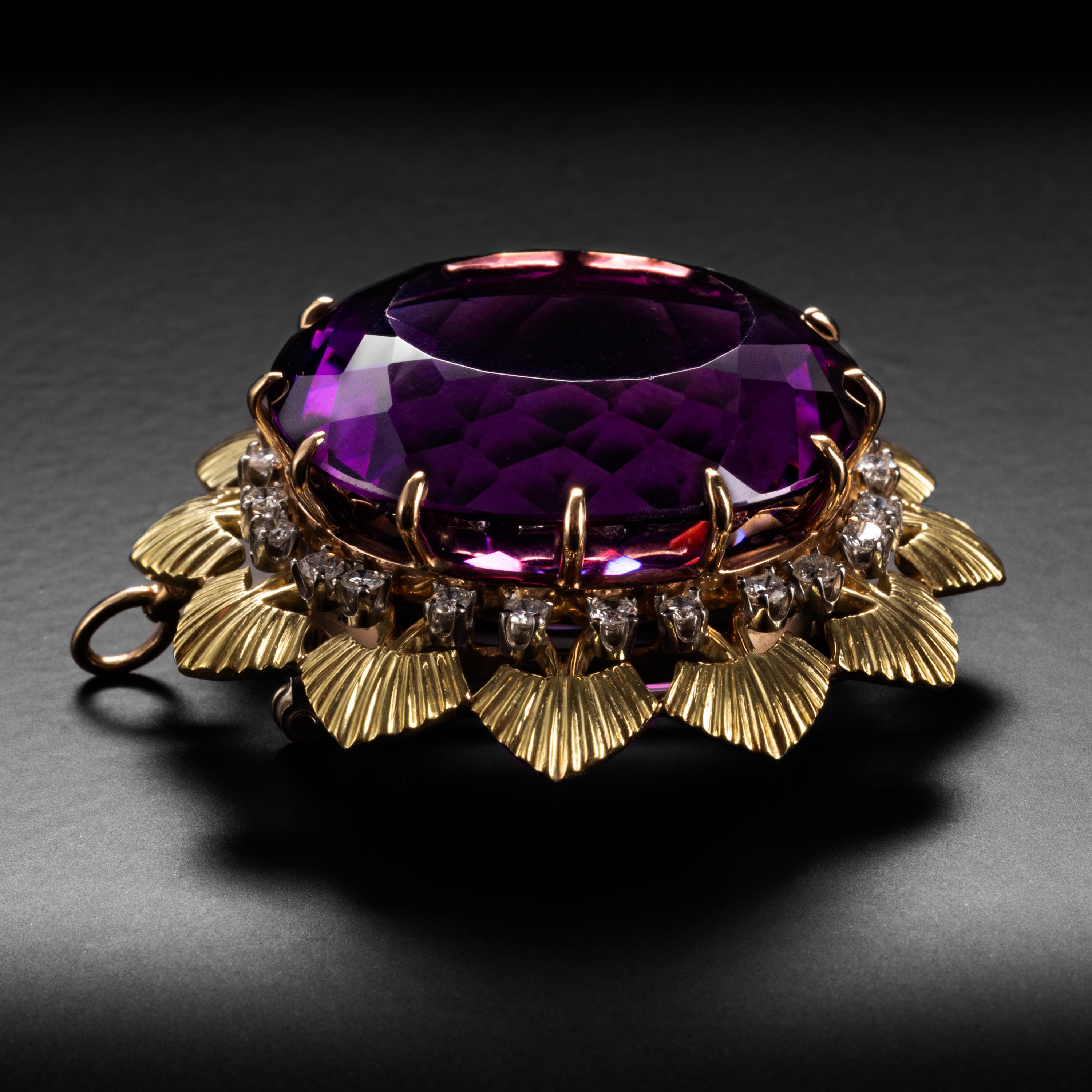 Retro Huge Amethyst Pendant or Brooch with Diamonds 55 Carats