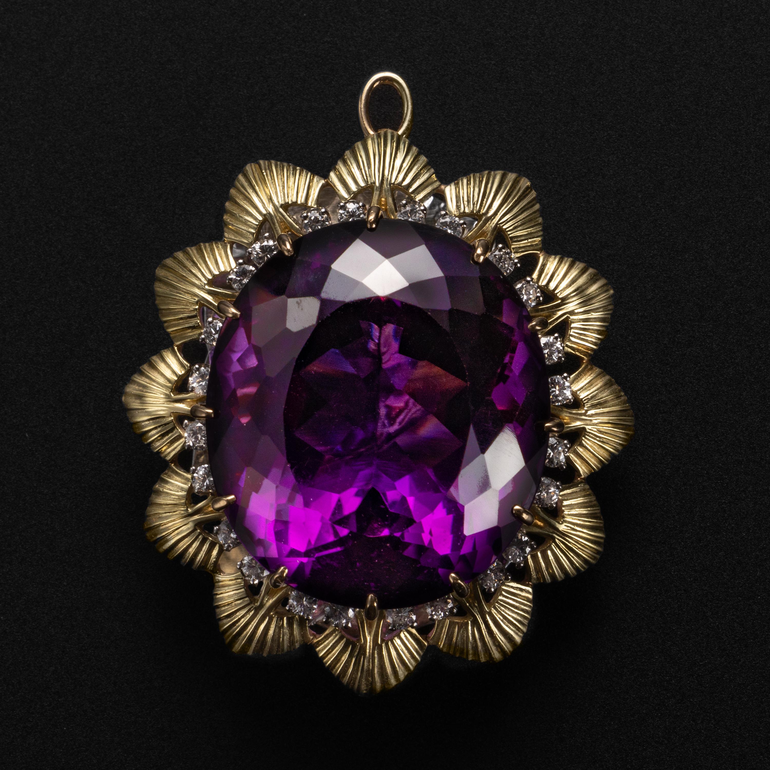 Huge Amethyst Pendant or Brooch with Diamonds 55 Carats 3