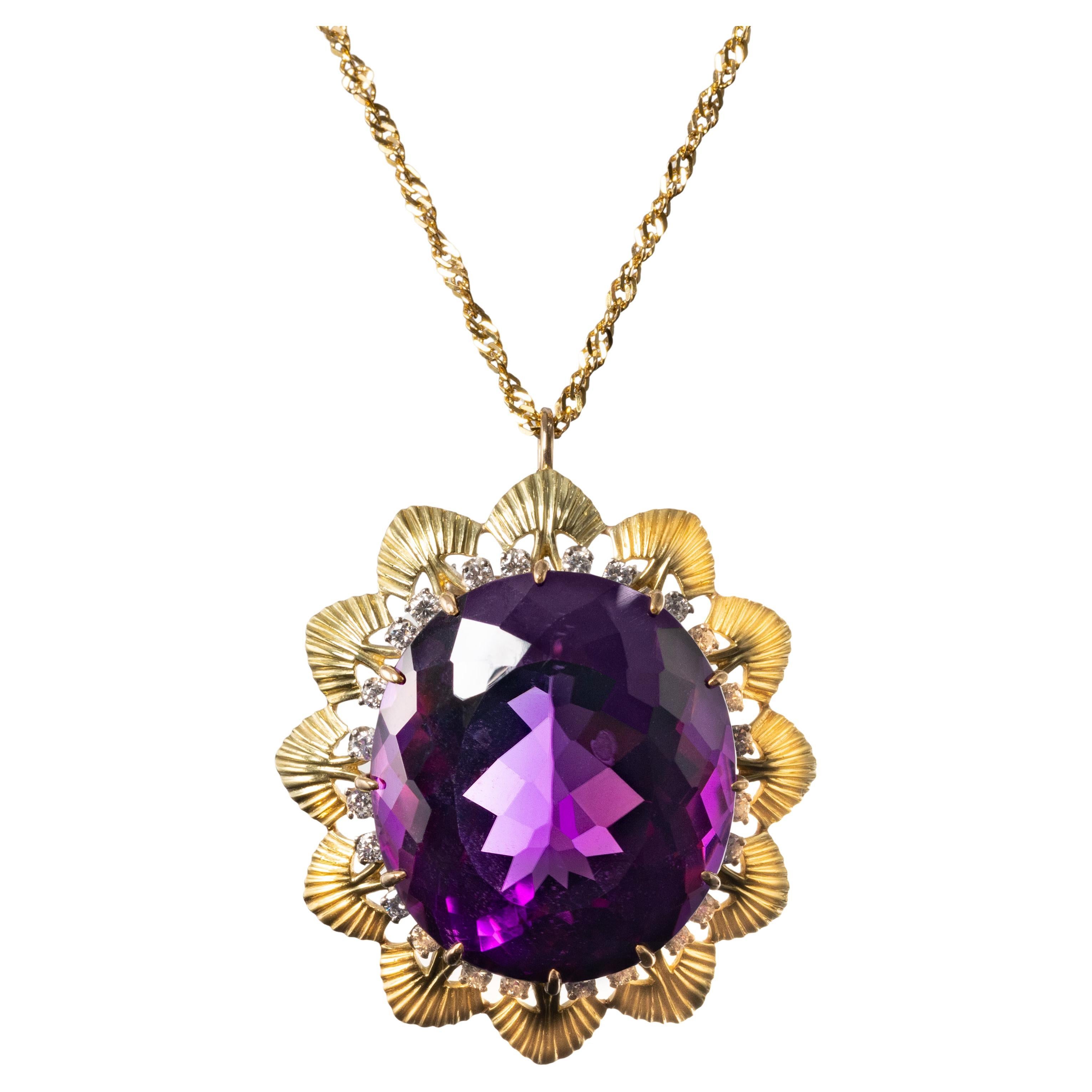 Huge Amethyst Pendant or Brooch with Diamonds 55 Carats