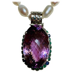 187.96 Carats Amethyst Pendant Necklace with Emerald and Blue Sapphire