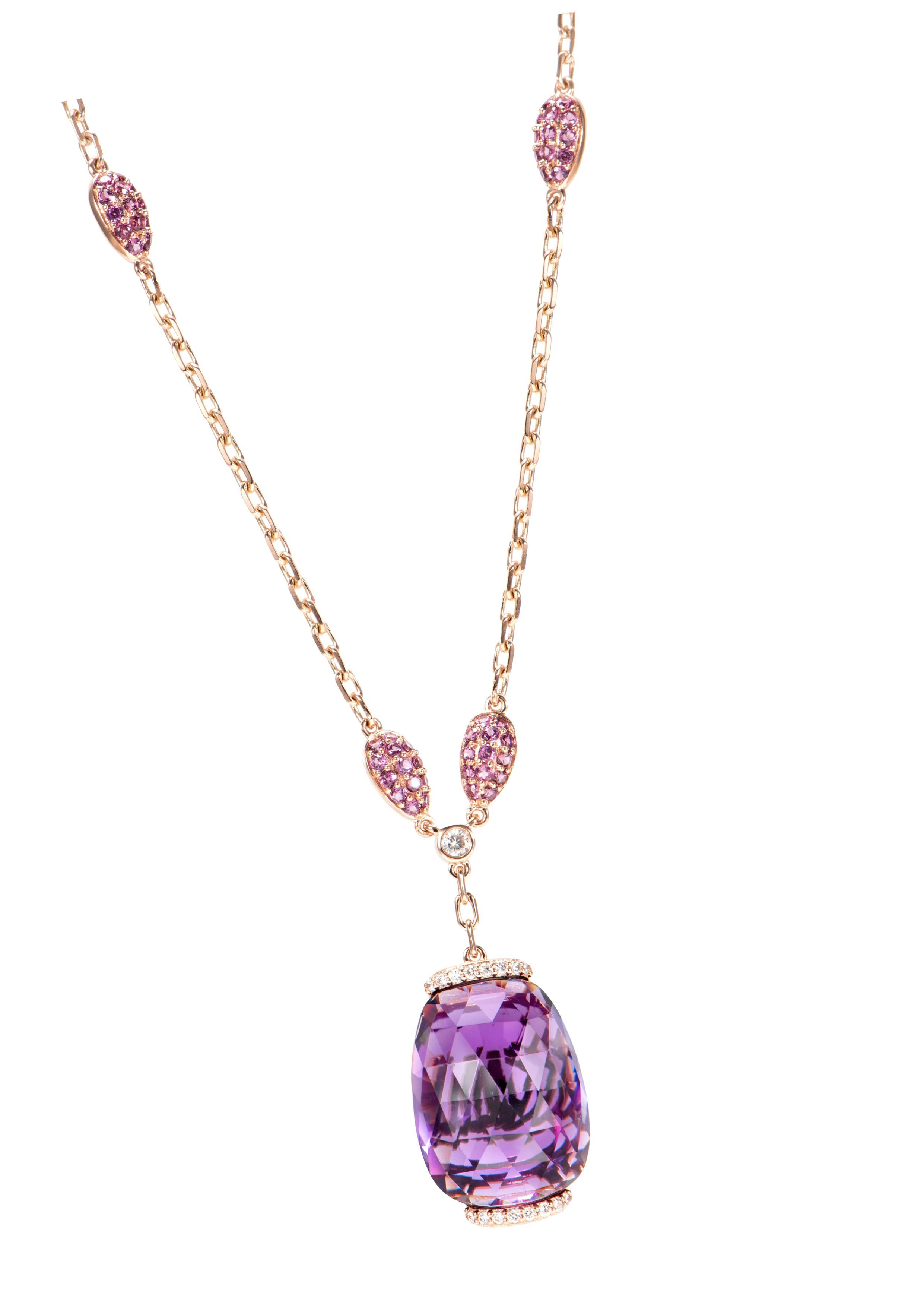 An exclusive collection of designer and unique Pendant by Sunita Nahata Fine Design.
Accented with diamonds these Pendants are made in Rose gold and present a classic yet elegant look. 

Amethyst Pendant with Rhodolite and White Diamond in 18 Karat