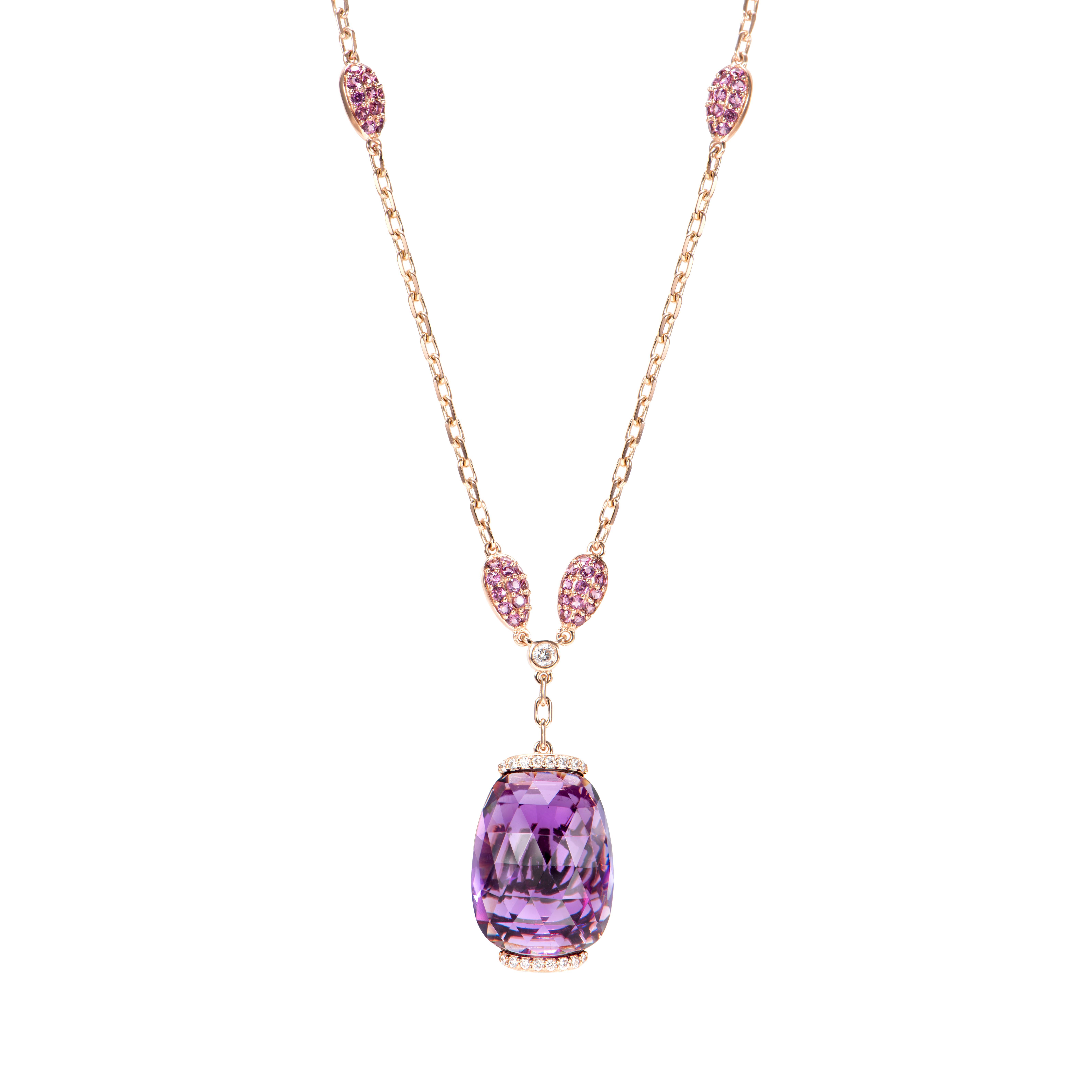 Contemporary Amethyst Pendant with Rhodolite and White Diamond in 18 Karat Rose Gold. For Sale