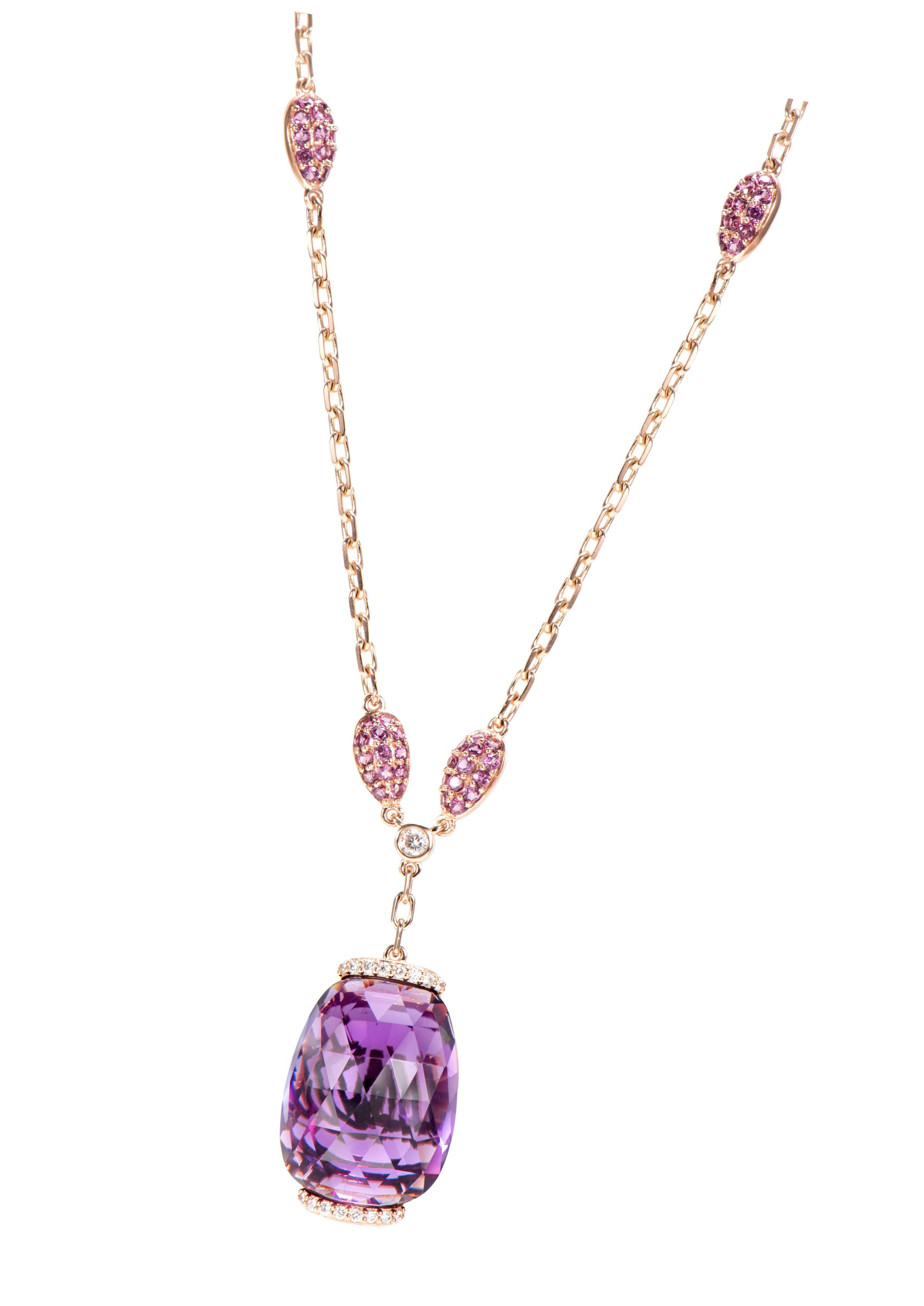 Cushion Cut Amethyst Pendant with Rhodolite and White Diamond in 18 Karat Rose Gold. For Sale