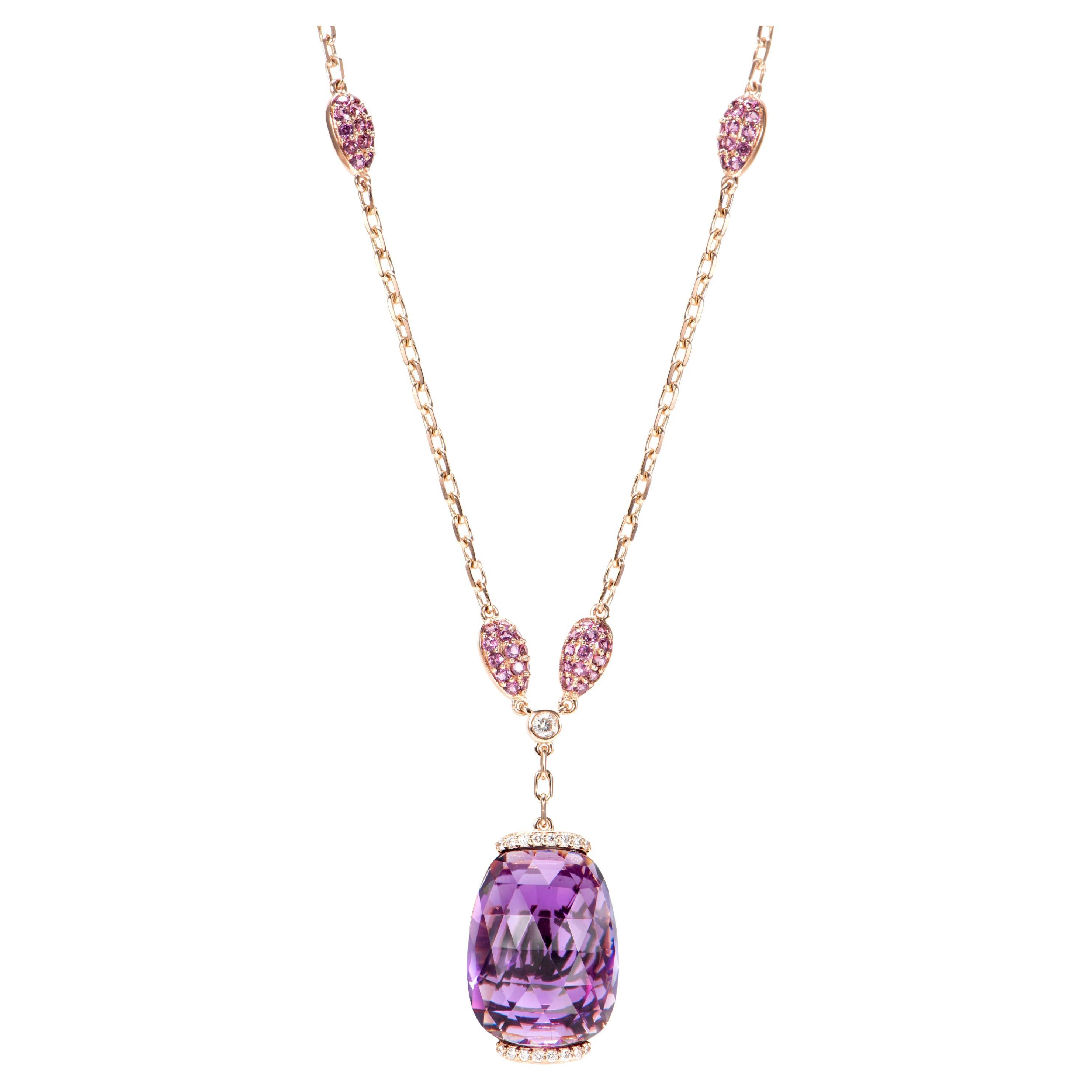 Amethyst Pendant with Rhodolite and White Diamond in 18 Karat Rose Gold. For Sale