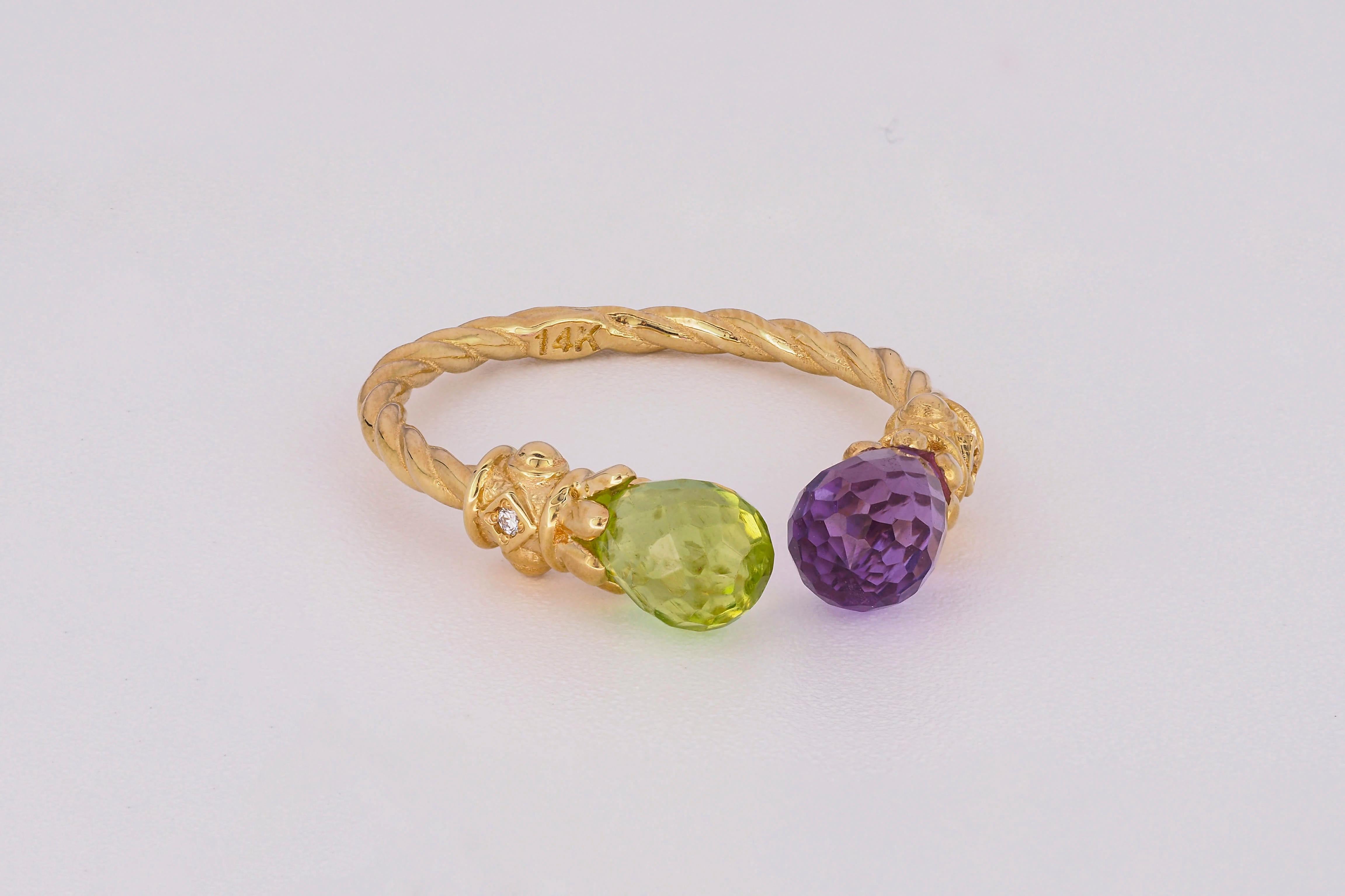 Briolette Cut Amethyst, Peridot 14k gold ring.  For Sale