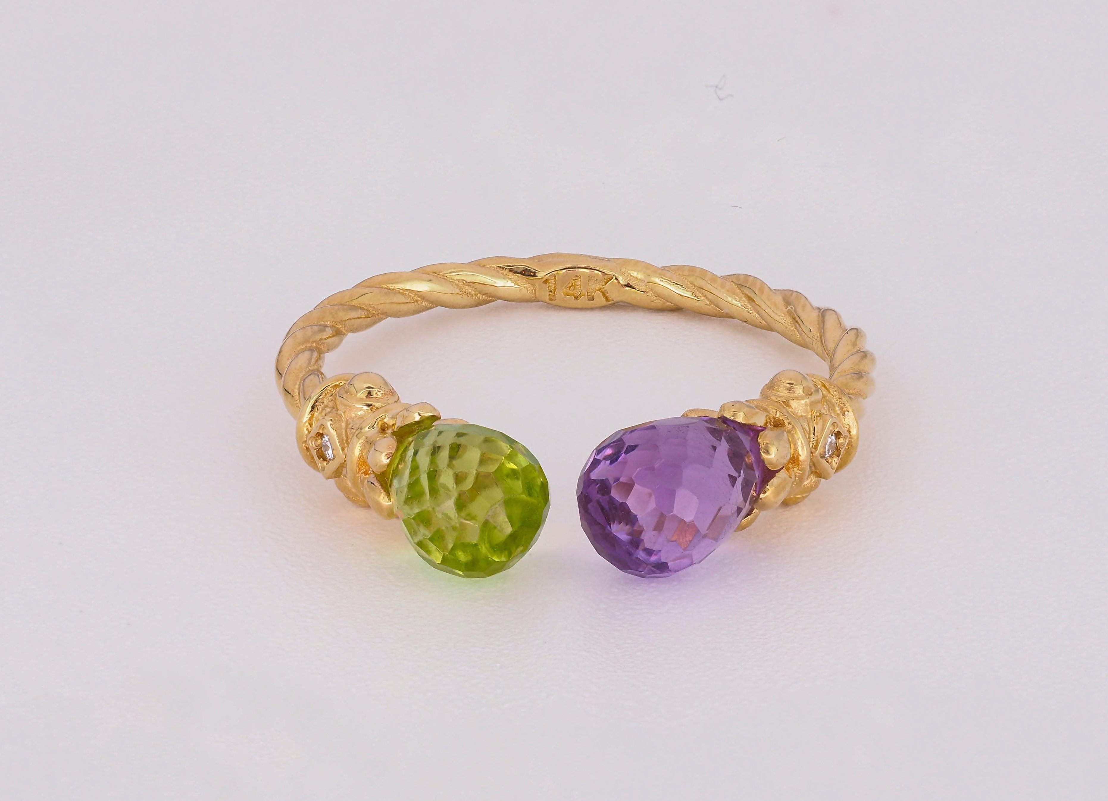 Amethyst, Peridot 14k gold ring.  In New Condition For Sale In Istanbul, TR