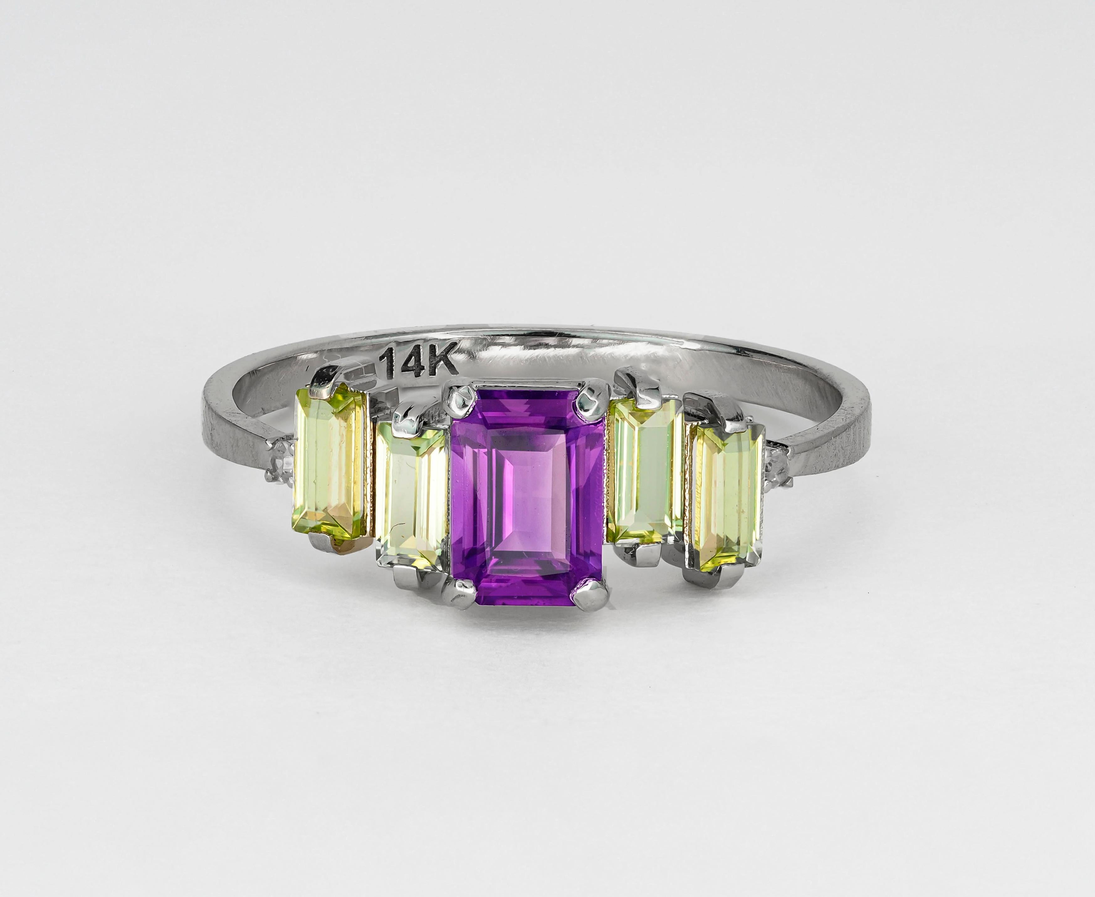 Amethyst, peridot 14k gold ring.  In New Condition For Sale In Istanbul, TR