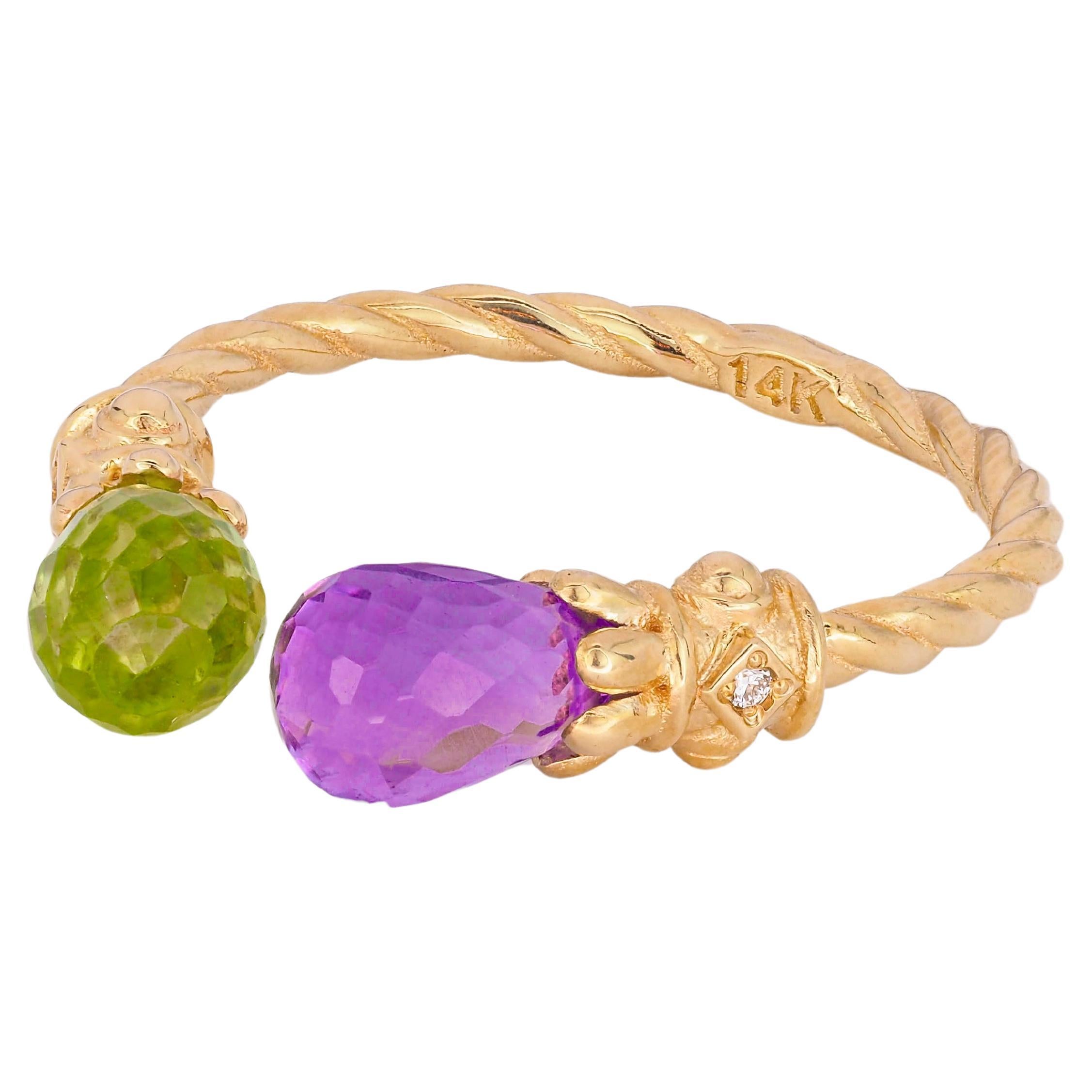 Amethyst, Peridot 14k gold ring.  For Sale
