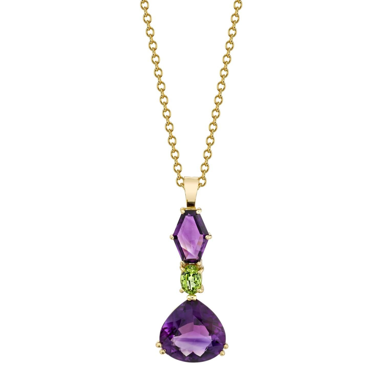 Fancy Shaped Amethyst Pear and Peridot 18k Yellow Gold Drop Pendant Necklace