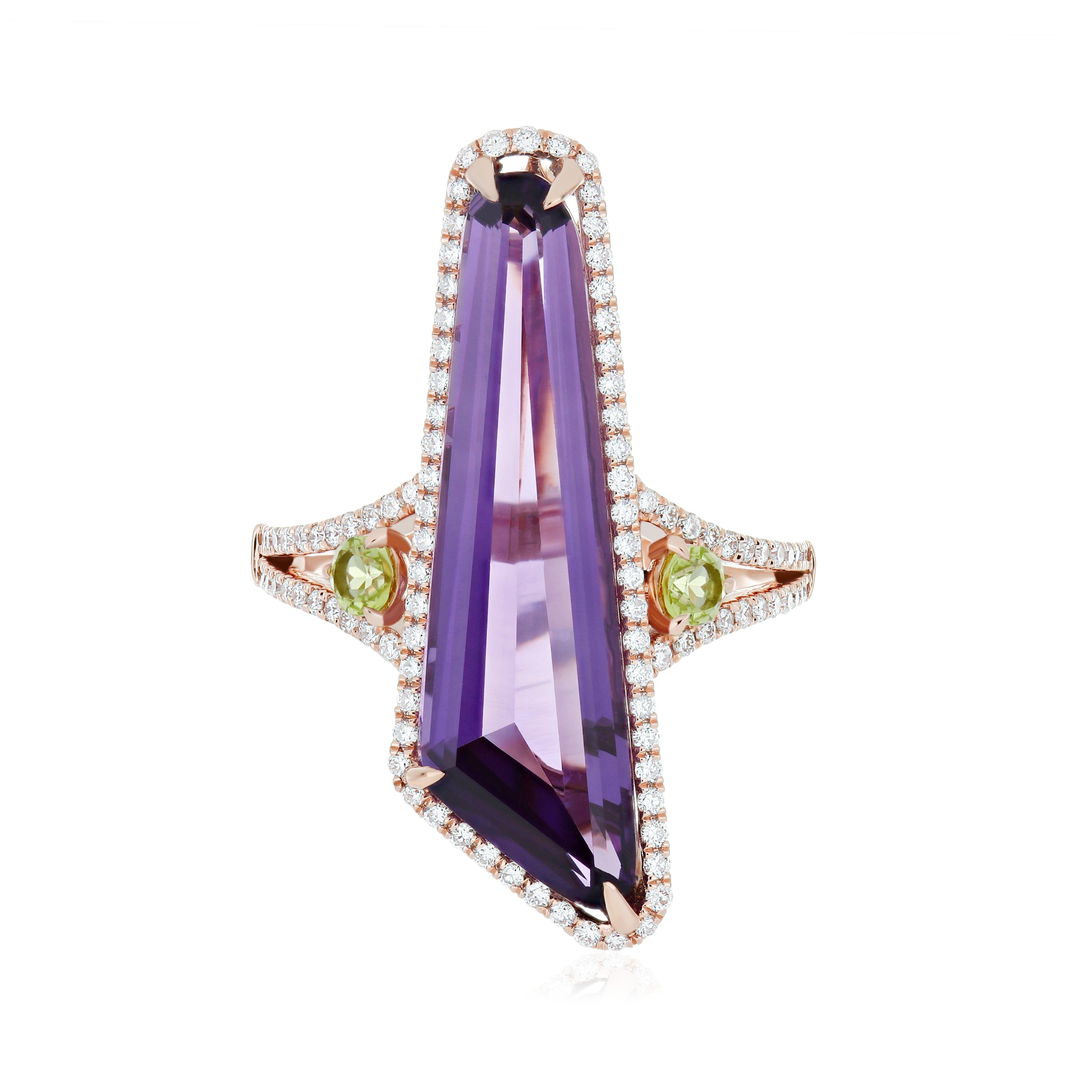 For Sale:  Amethyst, Peridot and Diamond 14k Rose Gold HandCraft Ring 2
