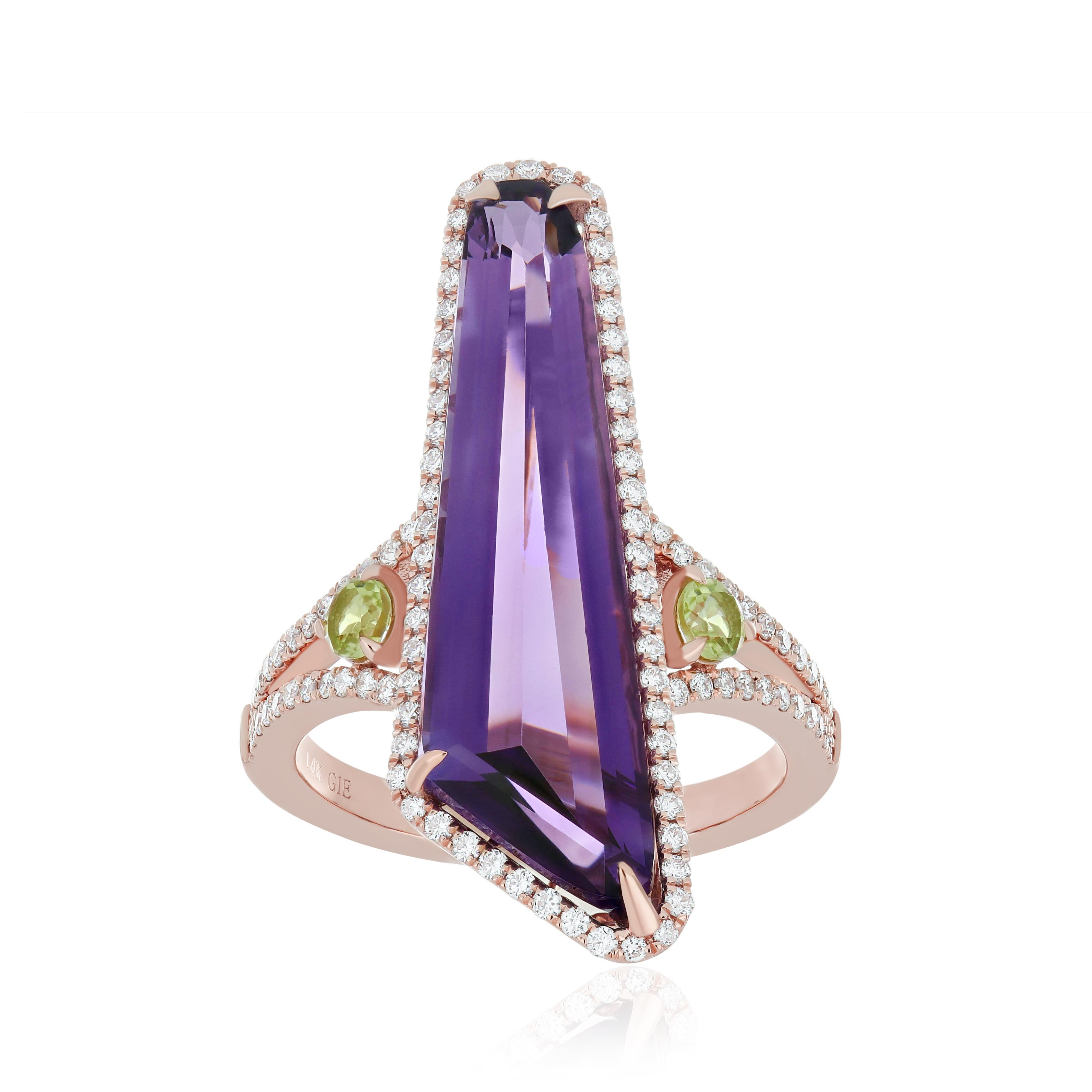 For Sale:  Amethyst, Peridot and Diamond 14k Rose Gold HandCraft Ring 3