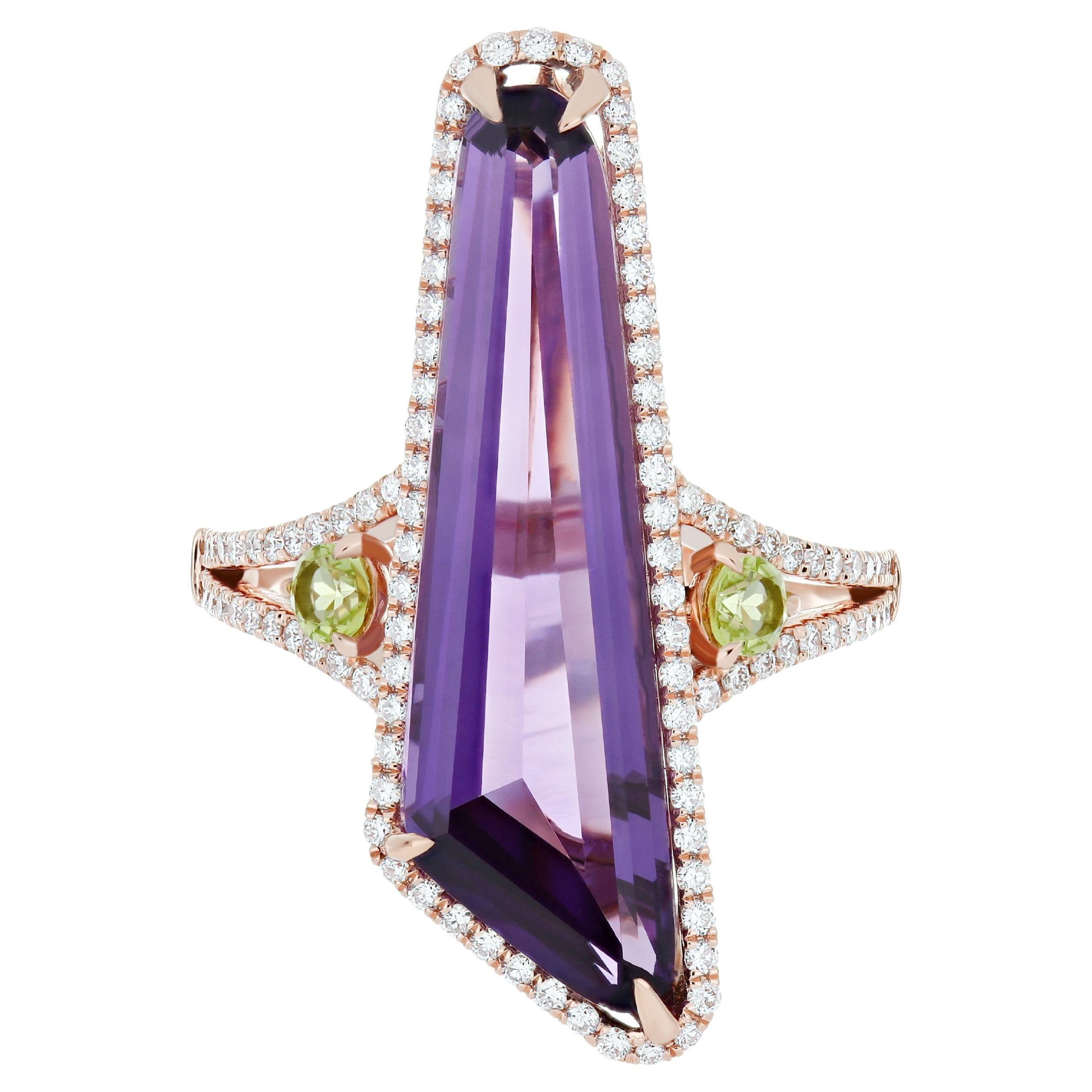 Anillo Artesanal de Oro Rosa de 14k con Amatista, Peridoto y Diamante