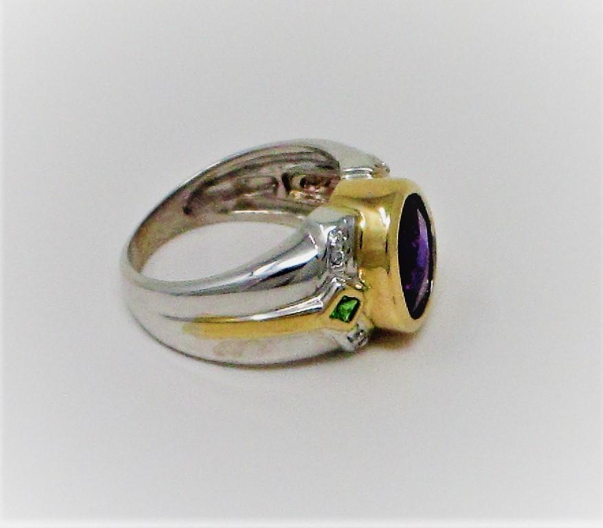 Modern Amethyst, Peridot and Diamond Ring in Two-Tone Gold For Sale