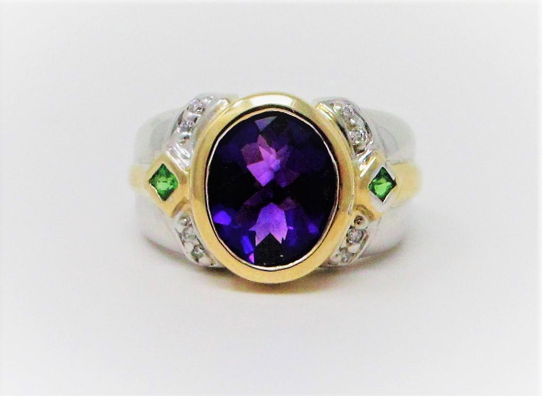 Women's or Men's Amethyst, Peridot and Diamond Ring in Two-Tone Gold For Sale