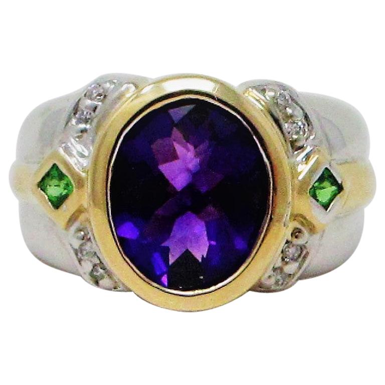 Amethyst, Peridot and Diamond Ring in Two-Tone Gold For Sale