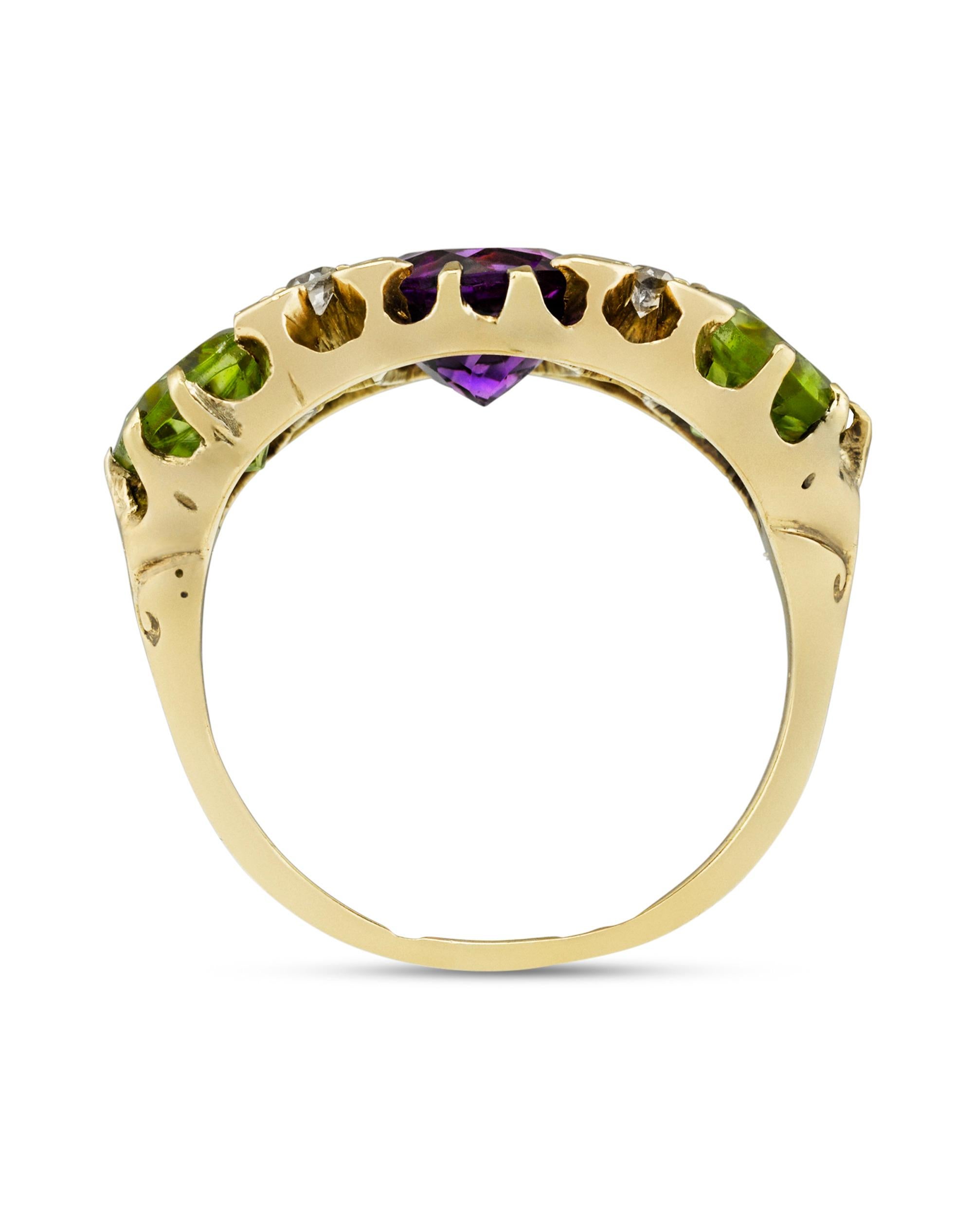 Victorian Amethyst, Peridot and Diamond Suffragette Ring, 1.70 Carat