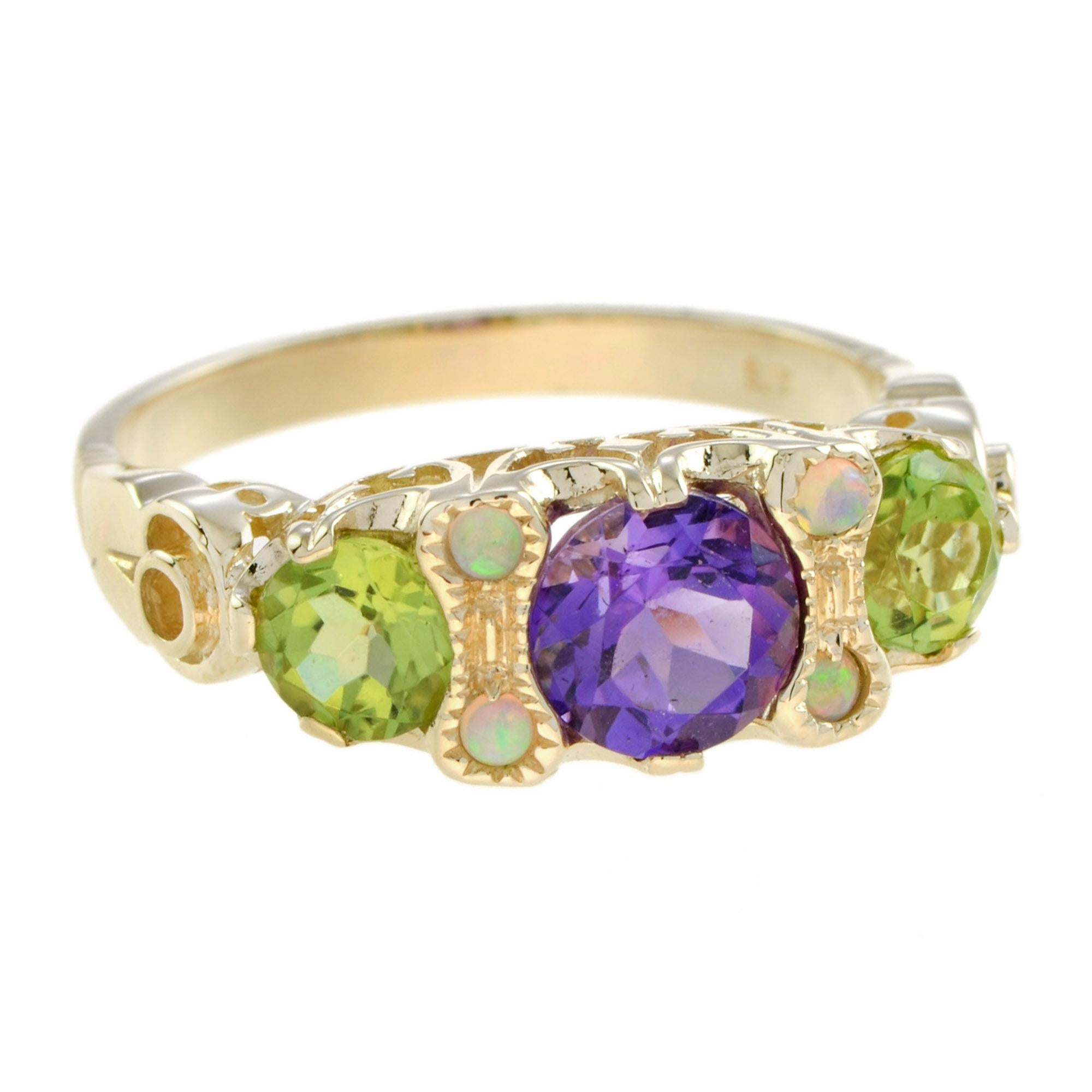 For Sale:  Amethyst Peridot and Opal Three Stone Ring in 14K Yellow Gold 2