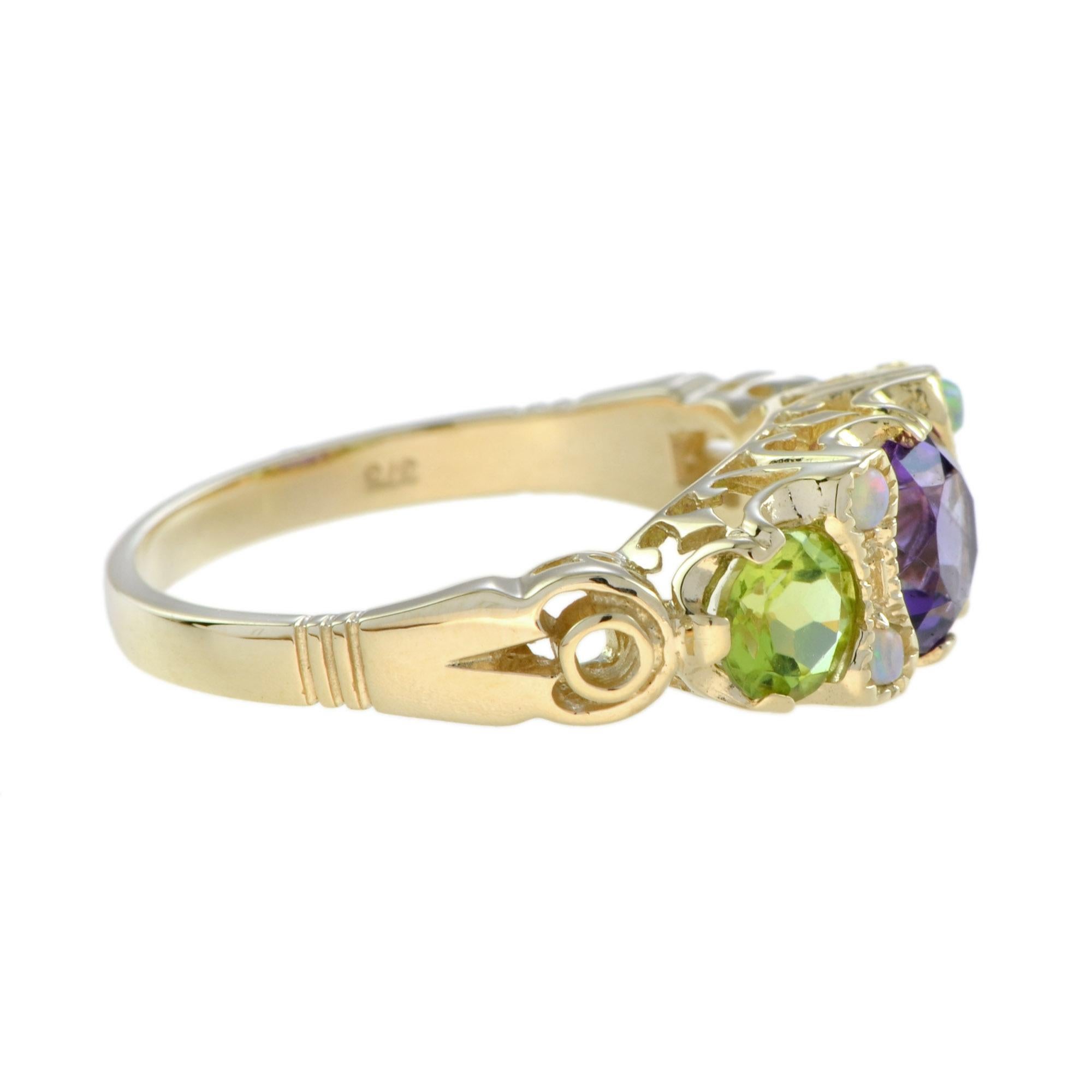 For Sale:  Amethyst Peridot and Opal Three Stone Ring in 14K Yellow Gold 3