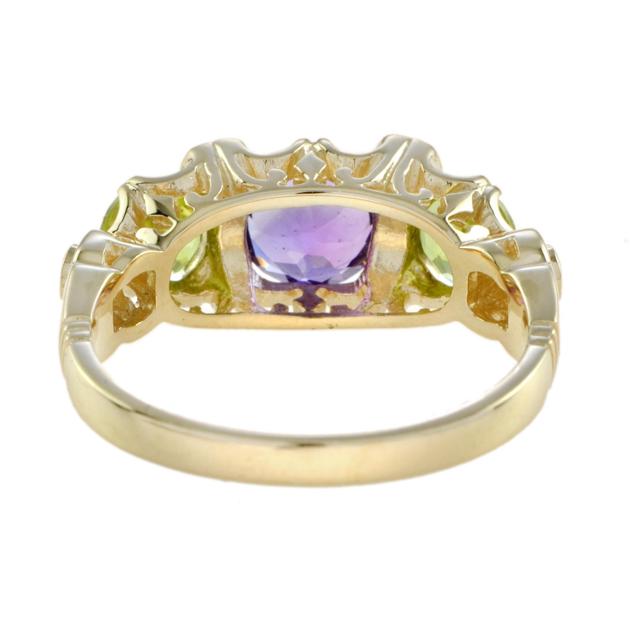 For Sale:  Amethyst Peridot and Opal Three Stone Ring in 14K Yellow Gold 4