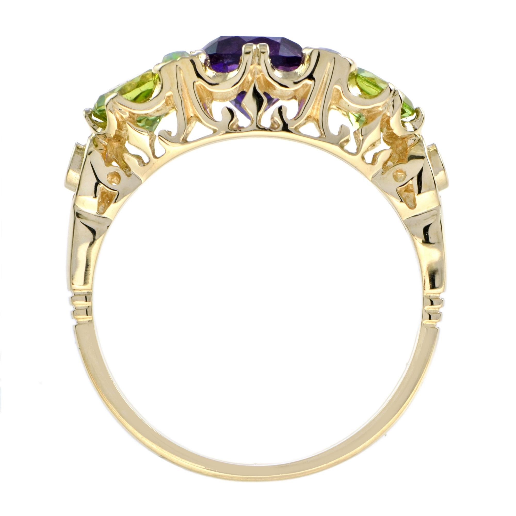 For Sale:  Amethyst Peridot and Opal Three Stone Ring in 14K Yellow Gold 5