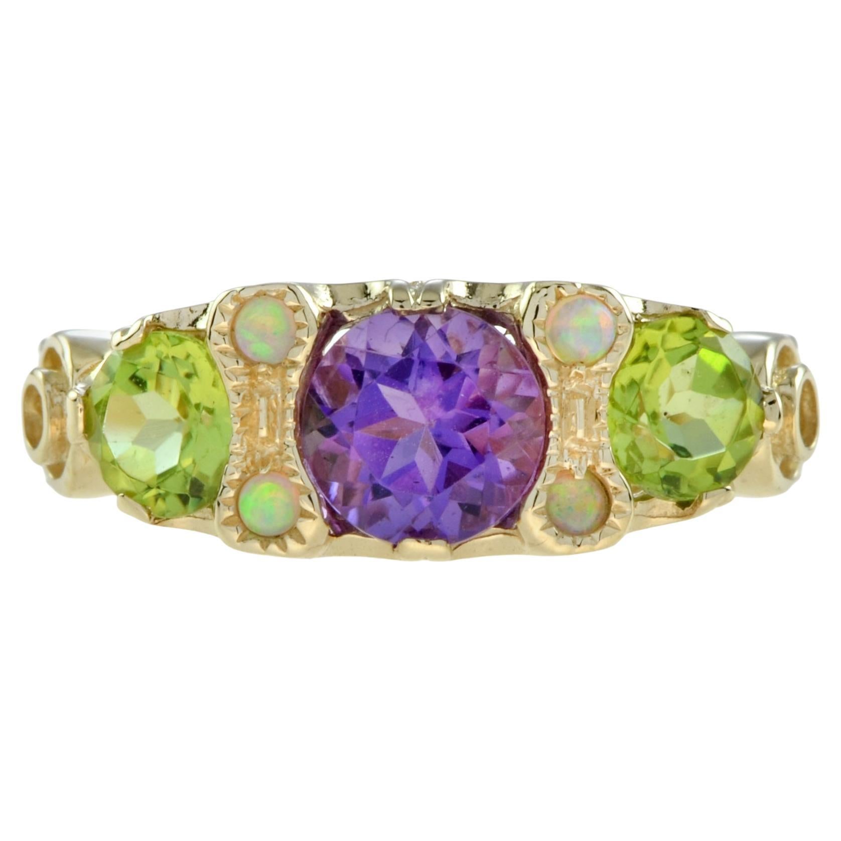 For Sale:  Amethyst Peridot and Opal Three Stone Ring in 14K Yellow Gold