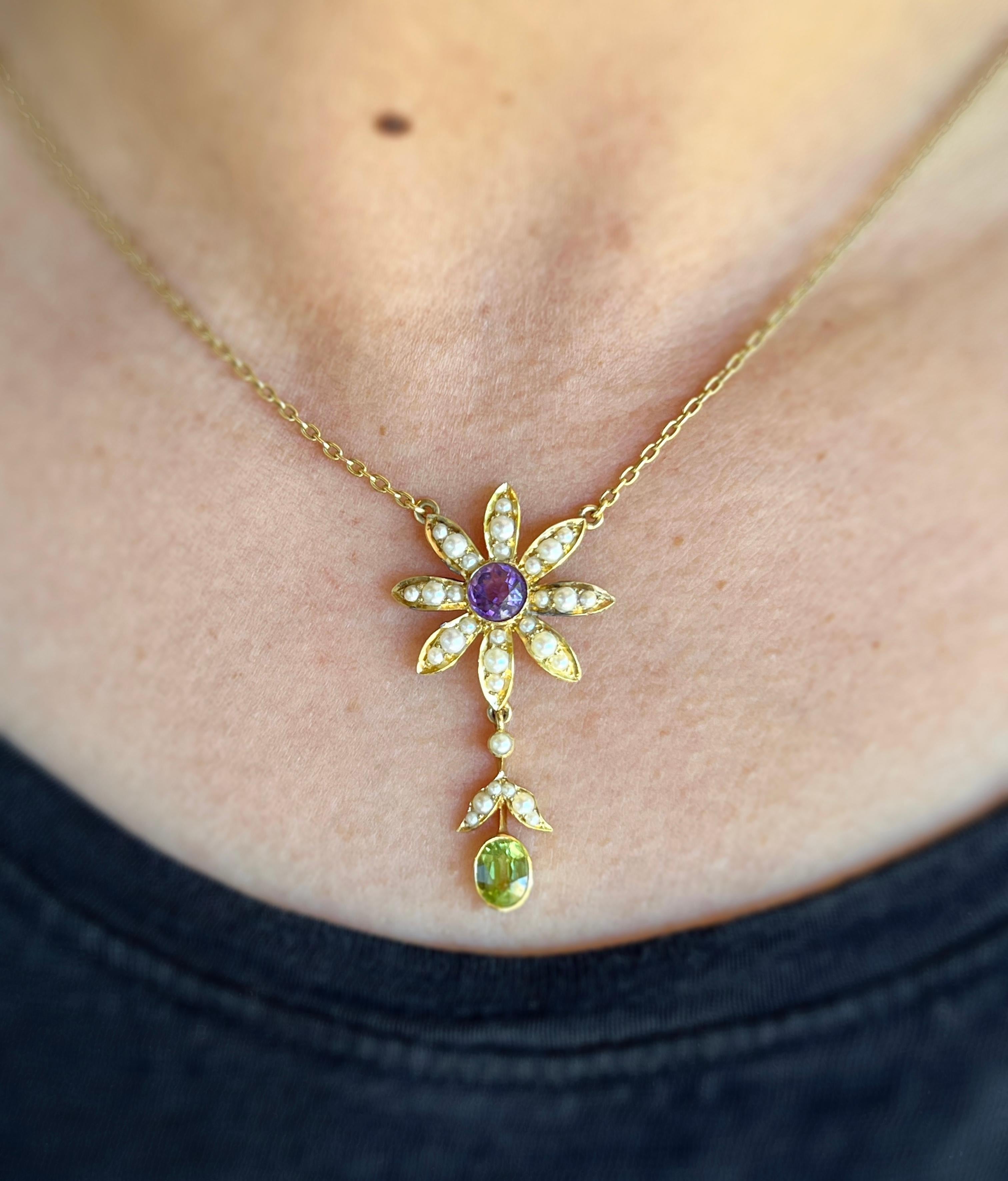 Oval Cut Amethyst, peridot and Pearl  15 Karat Gold Flower Pendant Necklace Circa 1900 For Sale