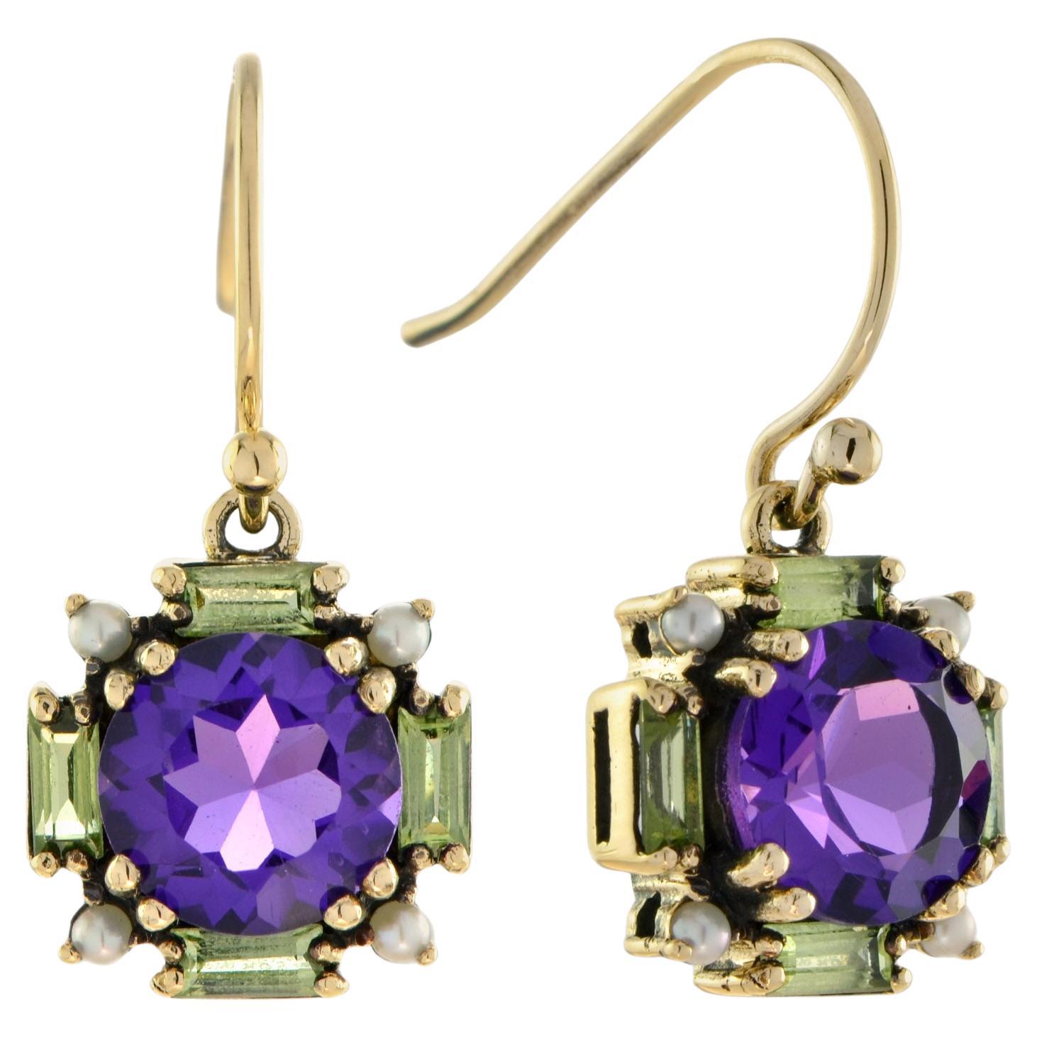Boucles d'oreilles pendantes en or jaune 14K, améthyste, péridot et perles de style Art Déco