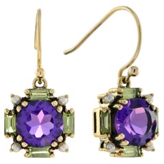 Amethyst Peridot and Pearl Art Deco Style Drop Earrings in 14K Yellow Gold