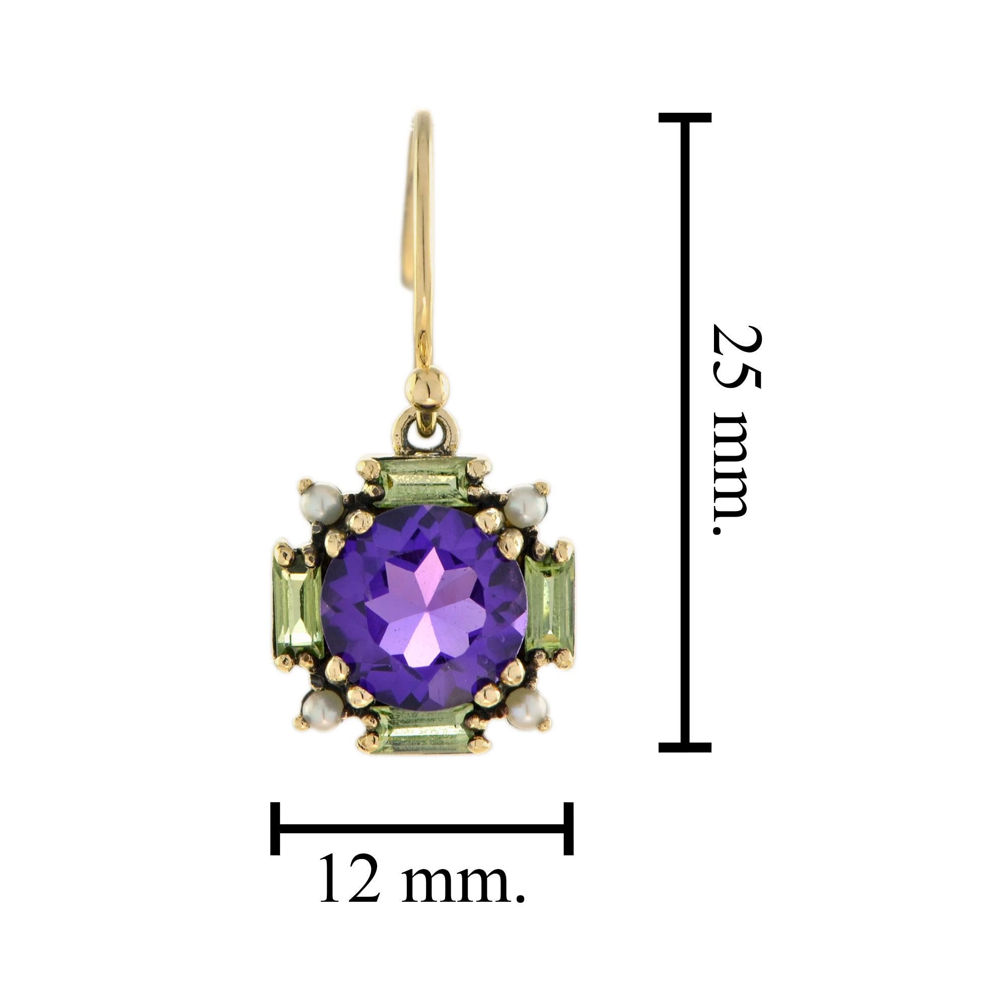 Women's Amethyst Peridot and Pearl Art Deco Style Drop Earrings in 9K Yellow Gold For Sale