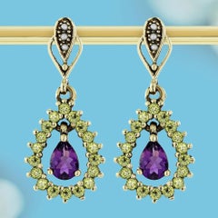 Amethyst Peridot and Pearl Vintage Style Drop Earrings in 9K Yellow Gold