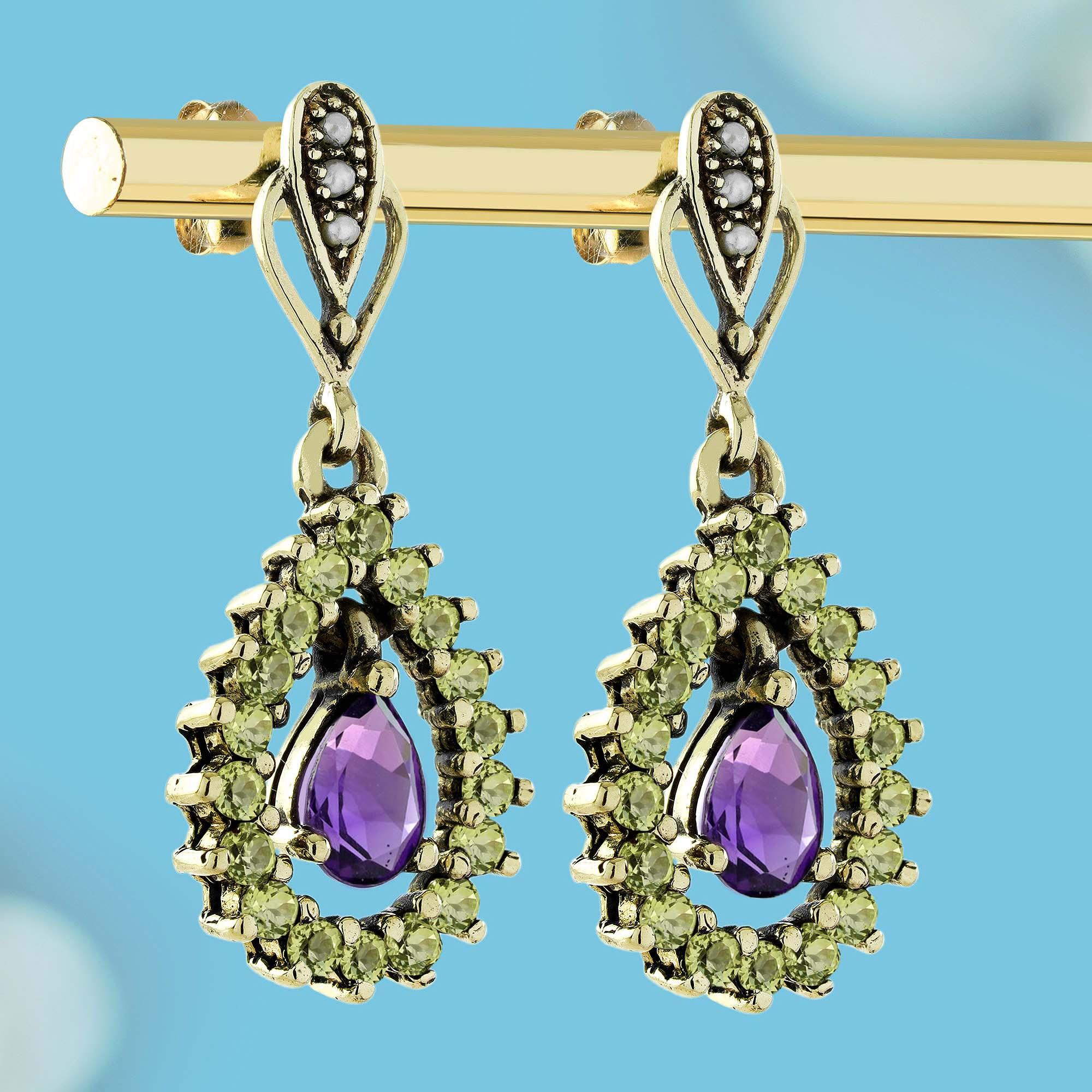 Amethyst Peridot and Pearl Vintage Style Drop Earrings in 9K Yellow Gold Eduardiano en venta