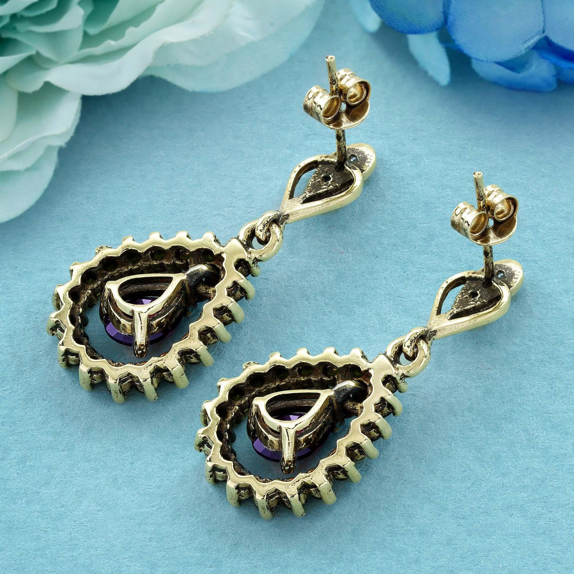 Amethyst Peridot and Pearl Vintage Style Drop Earrings in 9K Yellow Gold Corte pera en venta