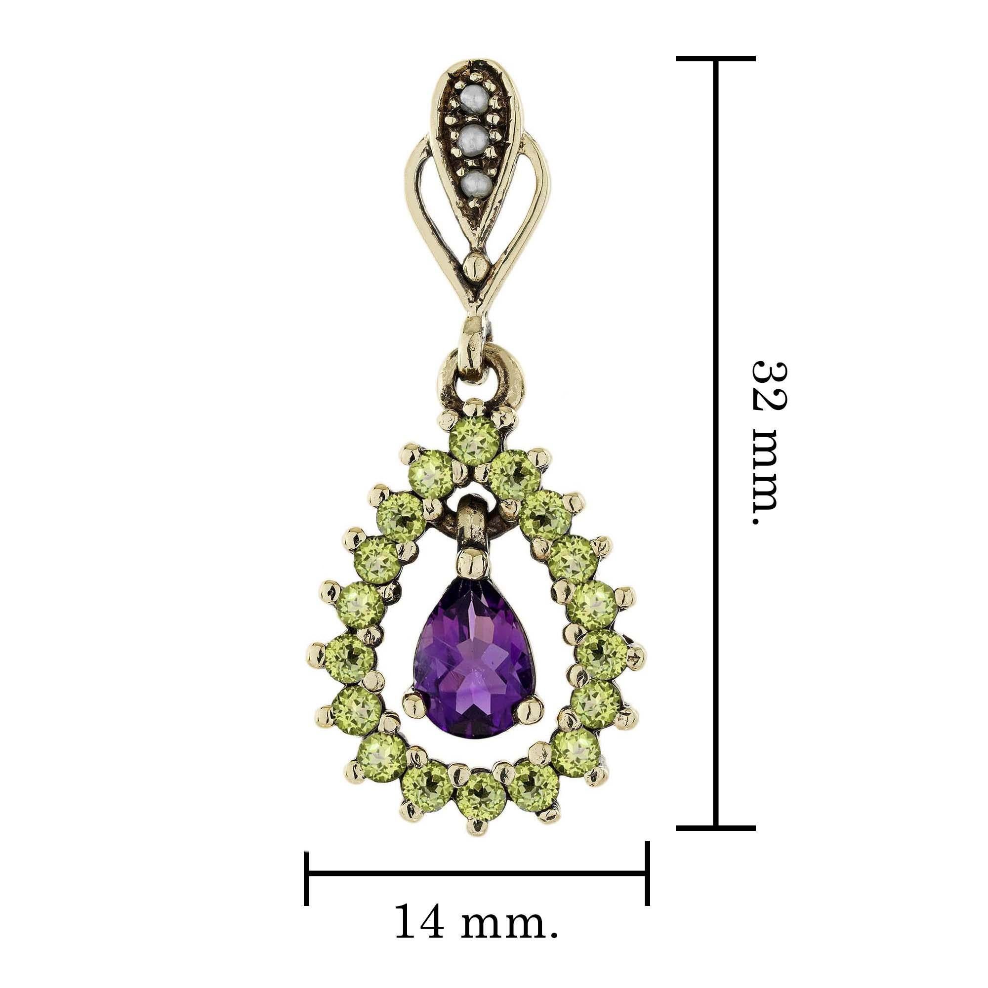 Amethyst Peridot and Pearl Vintage Style Drop Earrings in 9K Yellow Gold en Nuevo estado para la venta en Bangkok, TH