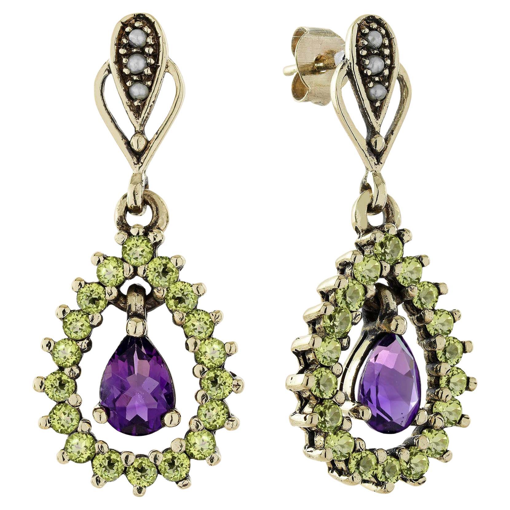 Amethyst Peridot und Perle Vintage Style Tropfenohrringe in 9K Gelbgold